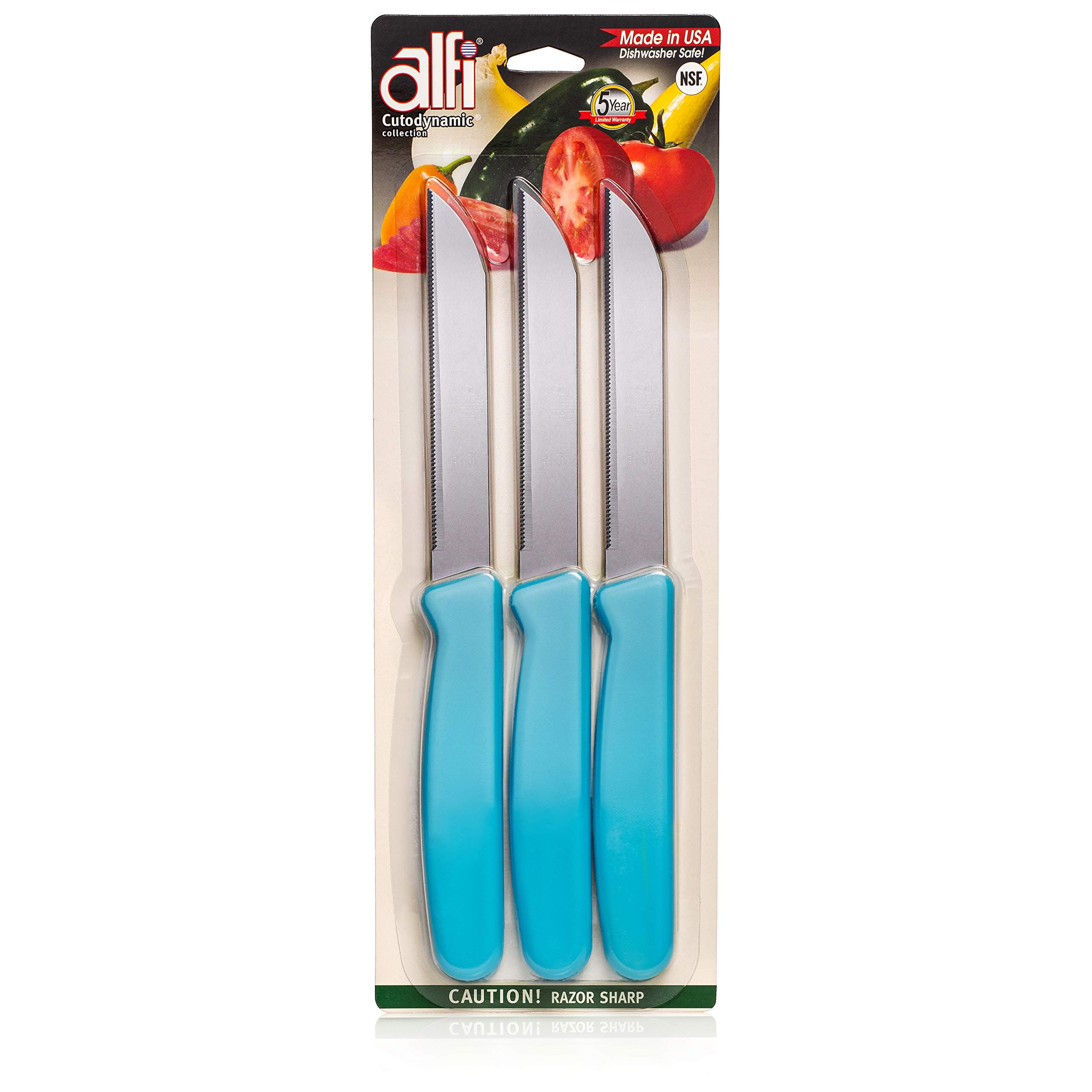 Alfi All-Purpose Knives Aerospace Precision Pointed Tip - Home And Kitchen Supplies - Serrated Steak Knives Set | Made in USA (Bahama Blue)