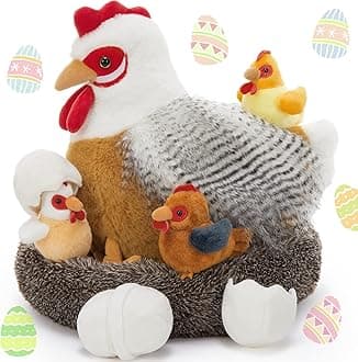 8Pcs Easter Chicken Stuffed Animal, Stuffed White Hen with Little Baby Chicks and Coop, Plush Toys for Kids, Hit of Christmas Farm Party