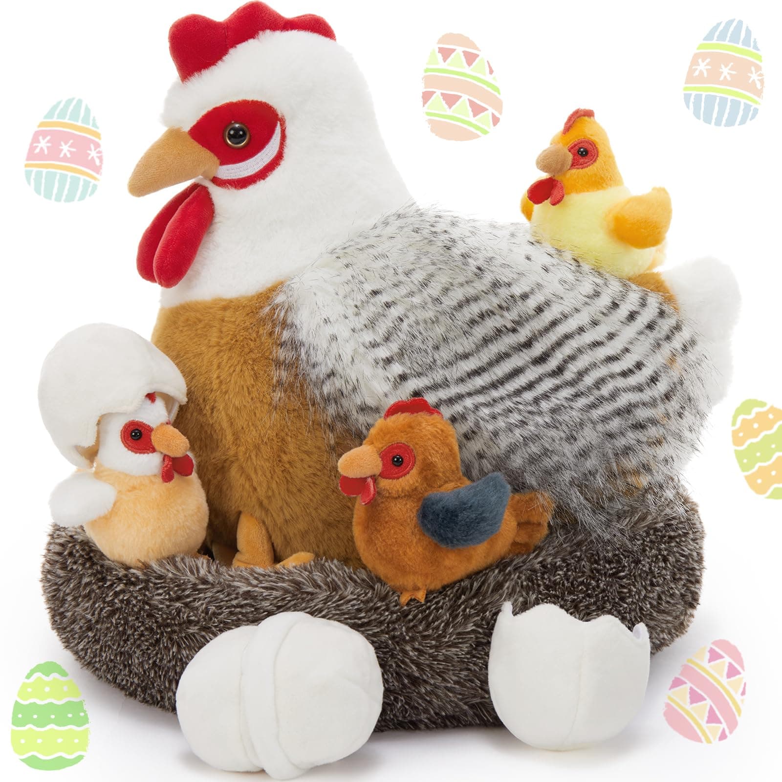 8Pcs Easter Chicken Stuffed Animal, Stuffed White Hen with Little Baby Chicks and Coop, Plush Toys for Kids, Hit of Christmas Farm Party