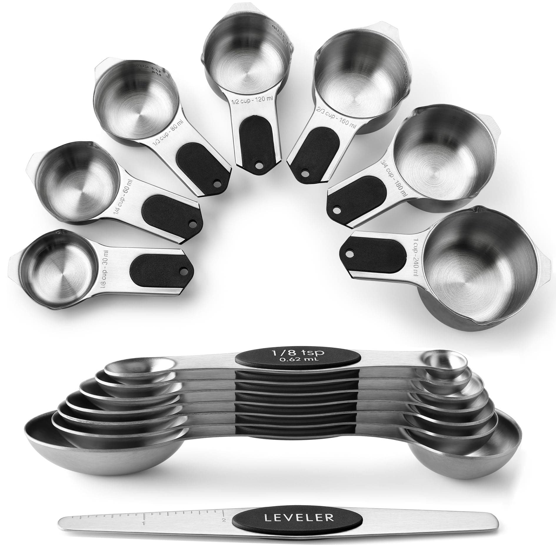 Magnetic Measuring Cups & Spoons Set, Patented, Strong N45 Magnets, Heavy Duty Stainless Steel Fits in Spice Jars for Baking & Cooking, BPA Free, Round Set of 15 with Leveler, Black