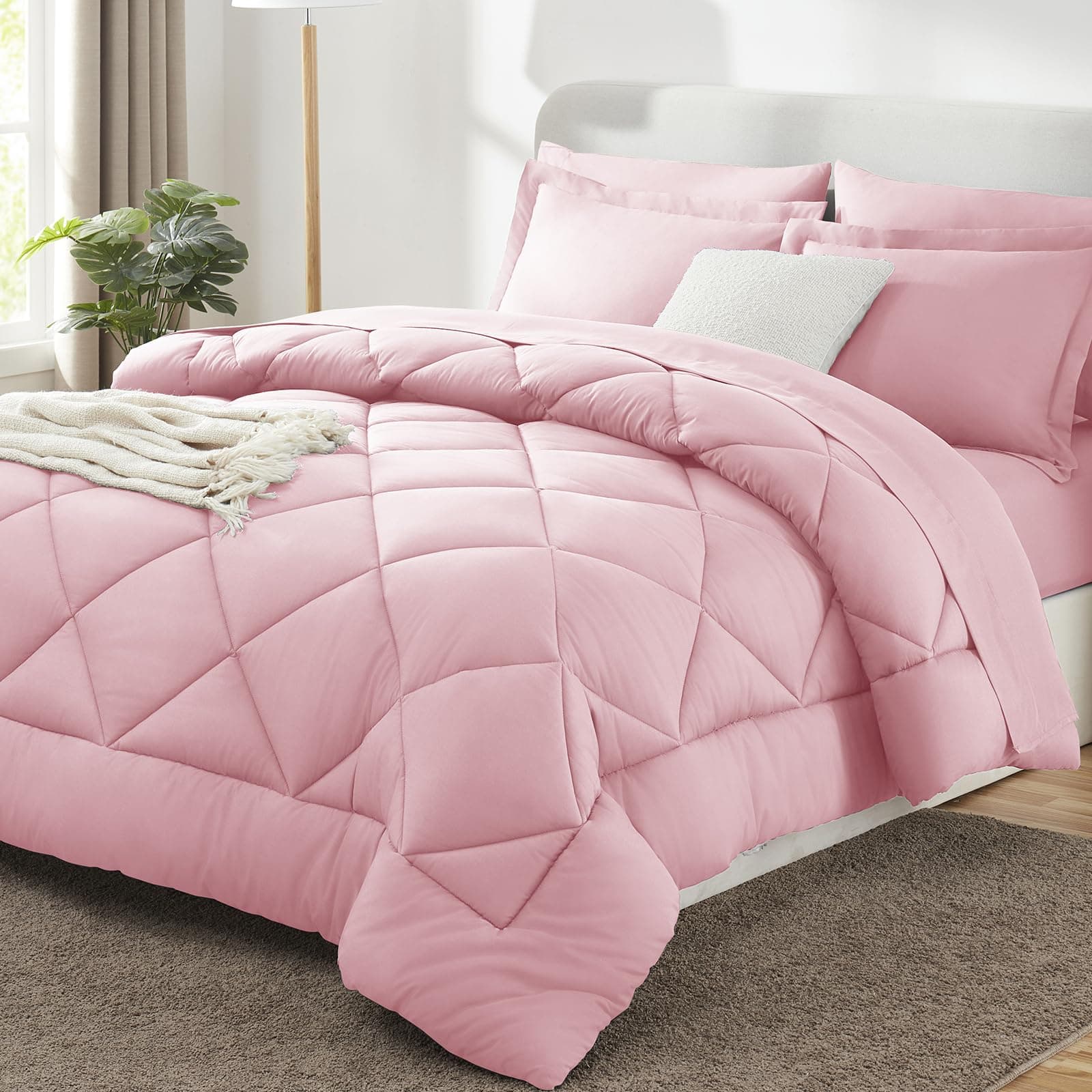 CozyLux Queen Comforter Set Pink - Bed in a Bag Queen Size 7 Pieces, Luxury Soft Bed Set for All Seasons, Bedding Set with Down Alternative Comforter, Sheets, Pillowcases & Shams