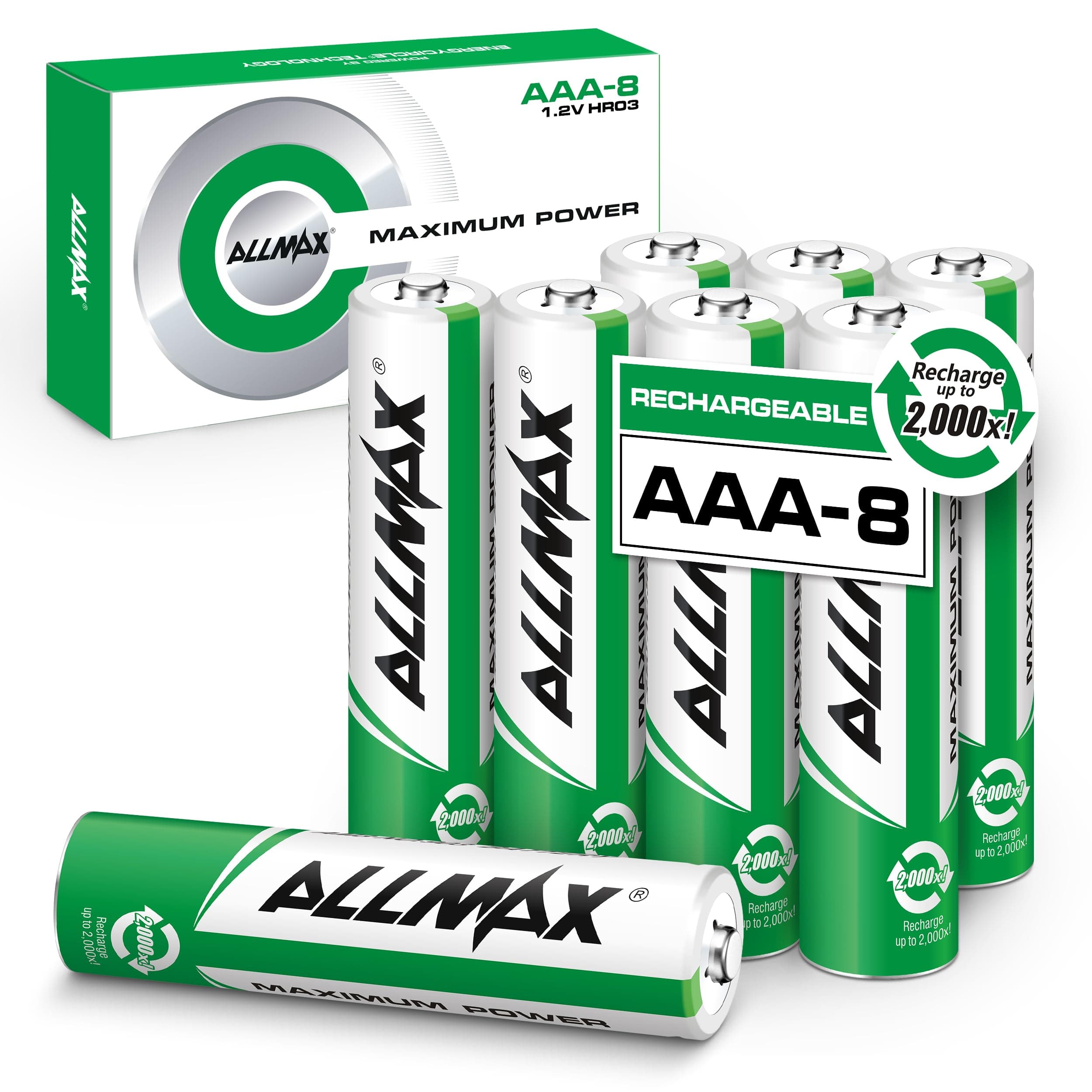 Allmax AAA Maximum Power Precharged Rechargeable Triple A Batteries (8 Count) – Ultra Long-Lasting, Recharge up to 2,000 Times – 1.2V