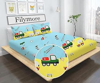 Filymore Cute Car Crane Cartoon Kids/Boys Room Designers Traffic Toys Printed Bedsheet for Double Bed with 2 Pillow Covers, Size 90x90 Inch, Pillow Cover Size 18x28 Inch, Yellow-blue, Microfibre