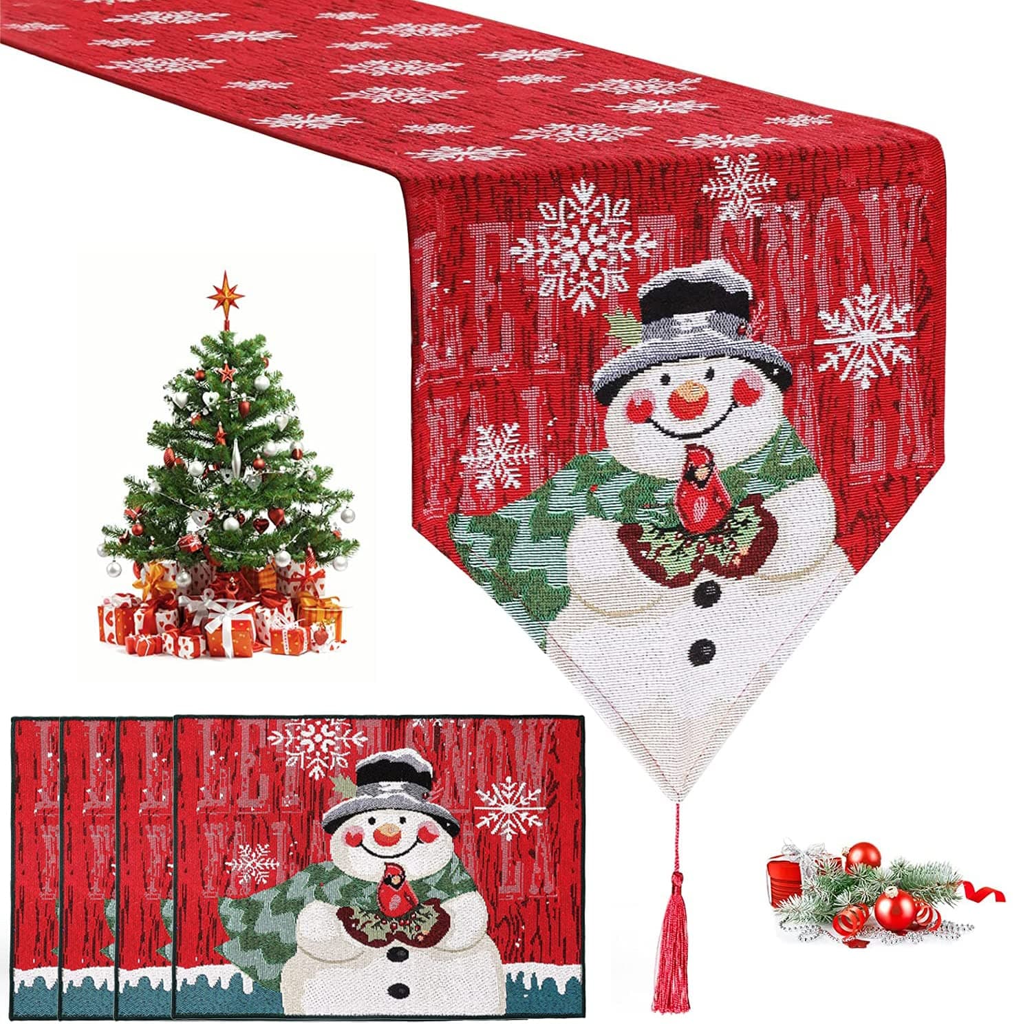 GGEROU Christmas Table Runner Placemats Set，Embroidered Snowman Tablecloth 74 x 13in，Santa Christmas Tree Table Cloth Dining Placemat for Xmas Party Winter Christmas Decoration (Runner+4 Placemat)
