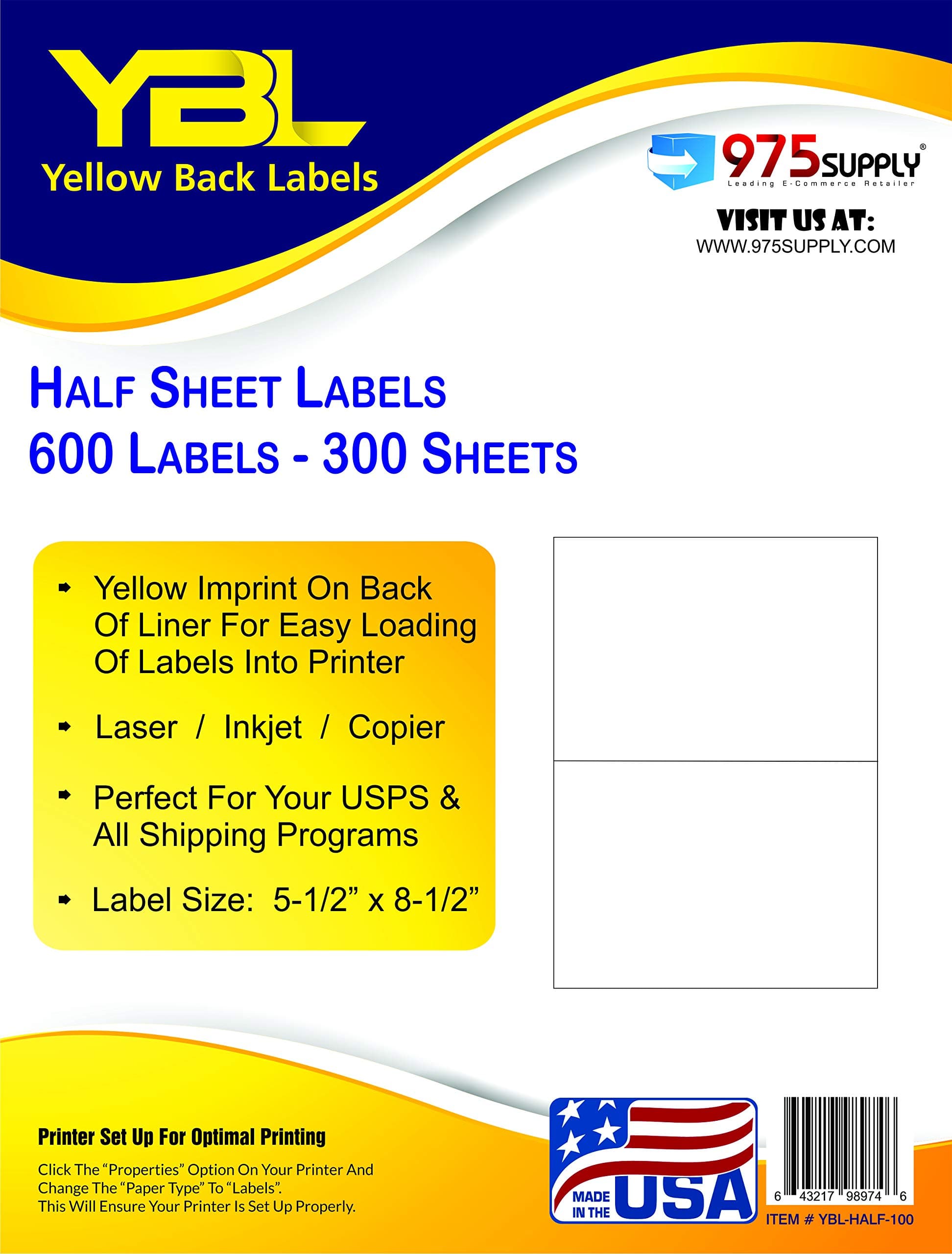 YBL Half Sheet Shipping and Mailing Labels, for Laser and Ink Jet Printers, 8.5 x 5.5 inches, 300 Sheets - 600 Labels