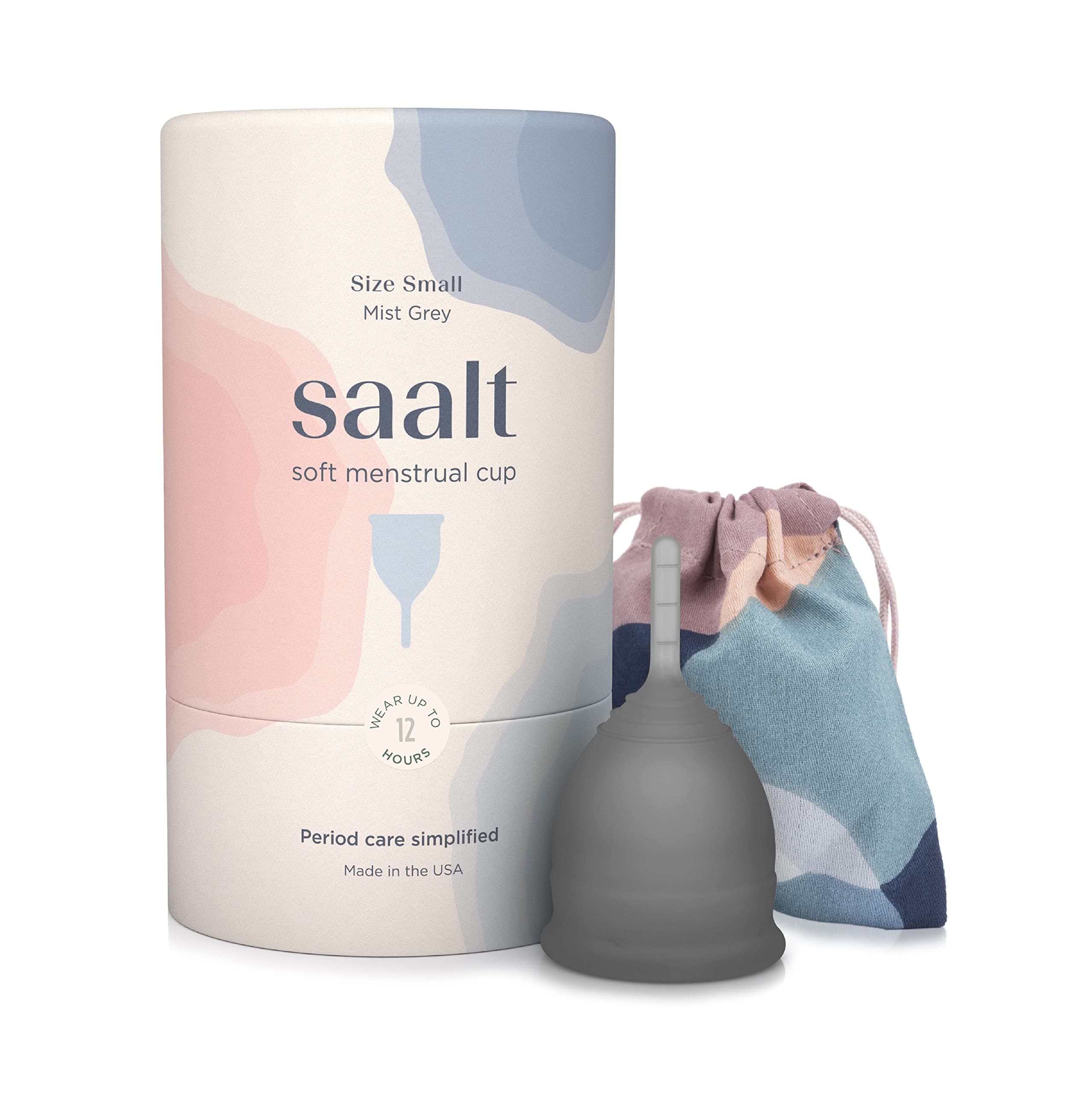 Saalt Soft Menstrual Cup – Reusable Period Cup – Made for Comfortable, Leak-Free Protection Up to 12 Hours – BPA & Latex Free – Includes Cup & Carry Bag (Small, Grey)