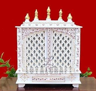 Wooden Temple Large Size 24x12x30 Home Temple/mandir/god Stand/mandap/mandapam/Pooja mandir with Doors (Large 24x12x30 WxDxH INCH, White Golden)
