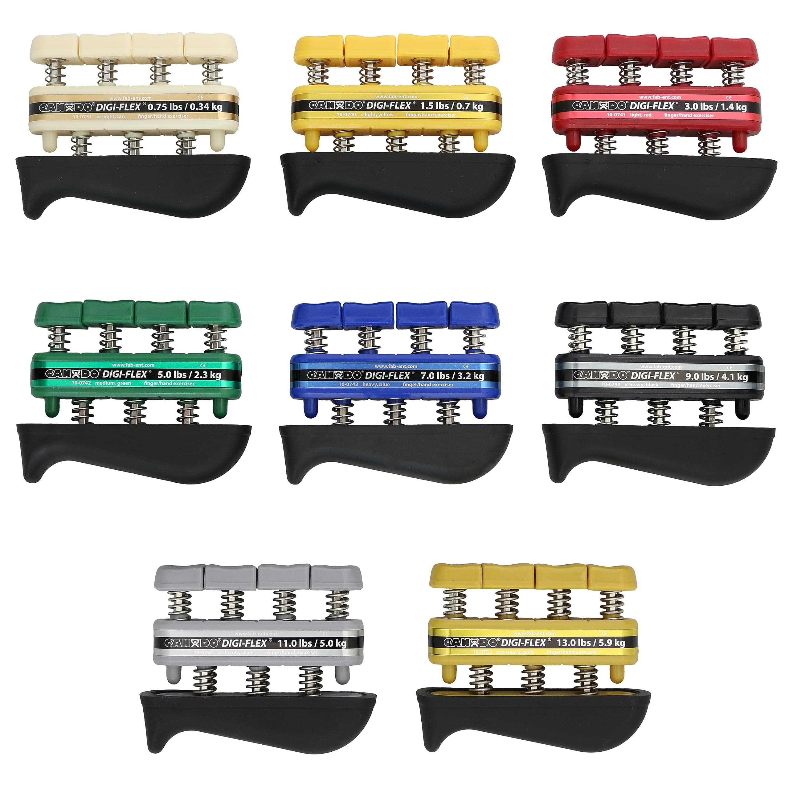 Digi-Flex hand exerciser - set of 8 (tan, yellow, red, green, blue, black, silver, gold), no rack