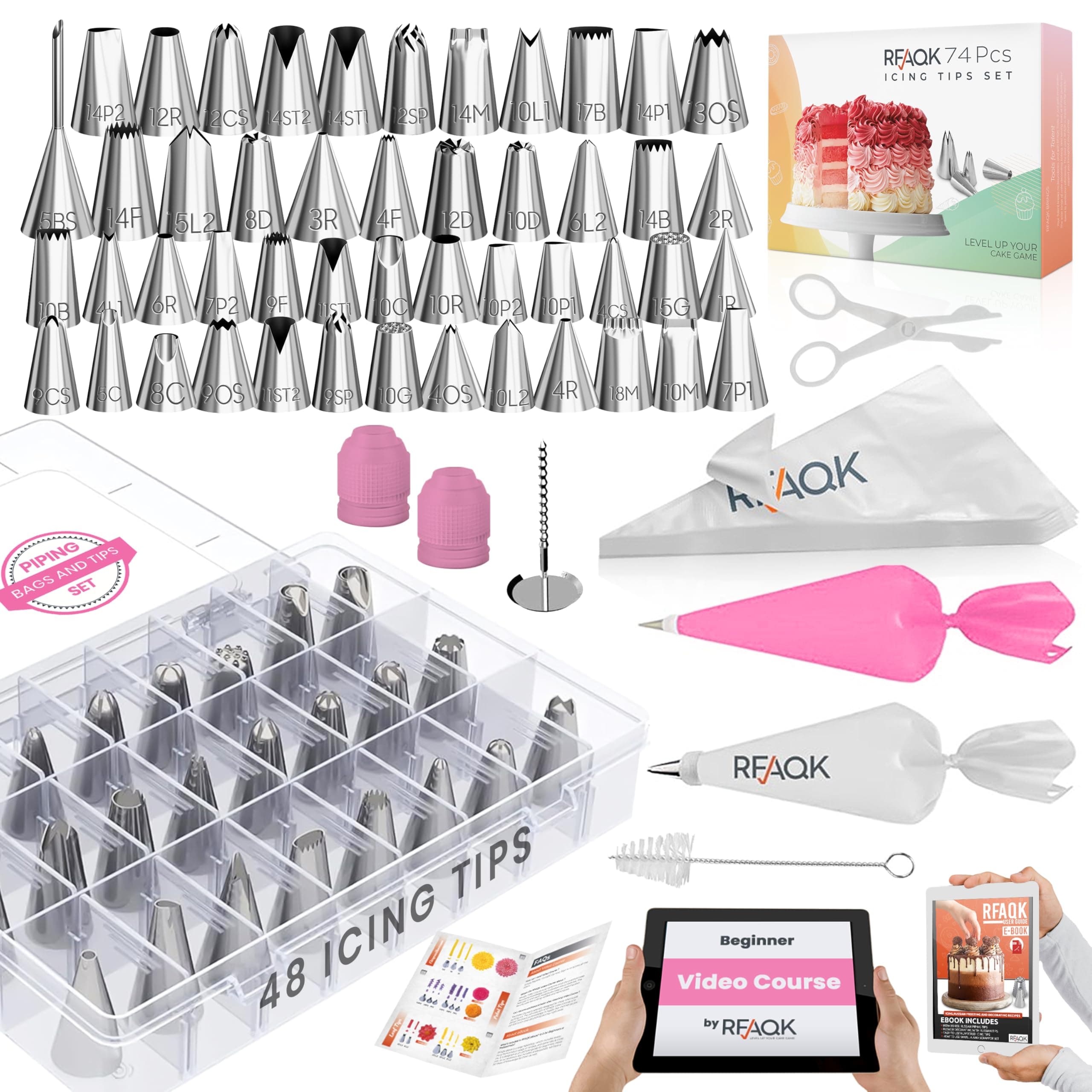 RFAQK 74 PCs Icing Piping Bags and Tips Set, Cake Decorating Kit with 48-Numbered Piping Tips, 20+1 Pastry Bags for Cookie Cupcake Cake Decoration, with Booklet and E-book (Pink)