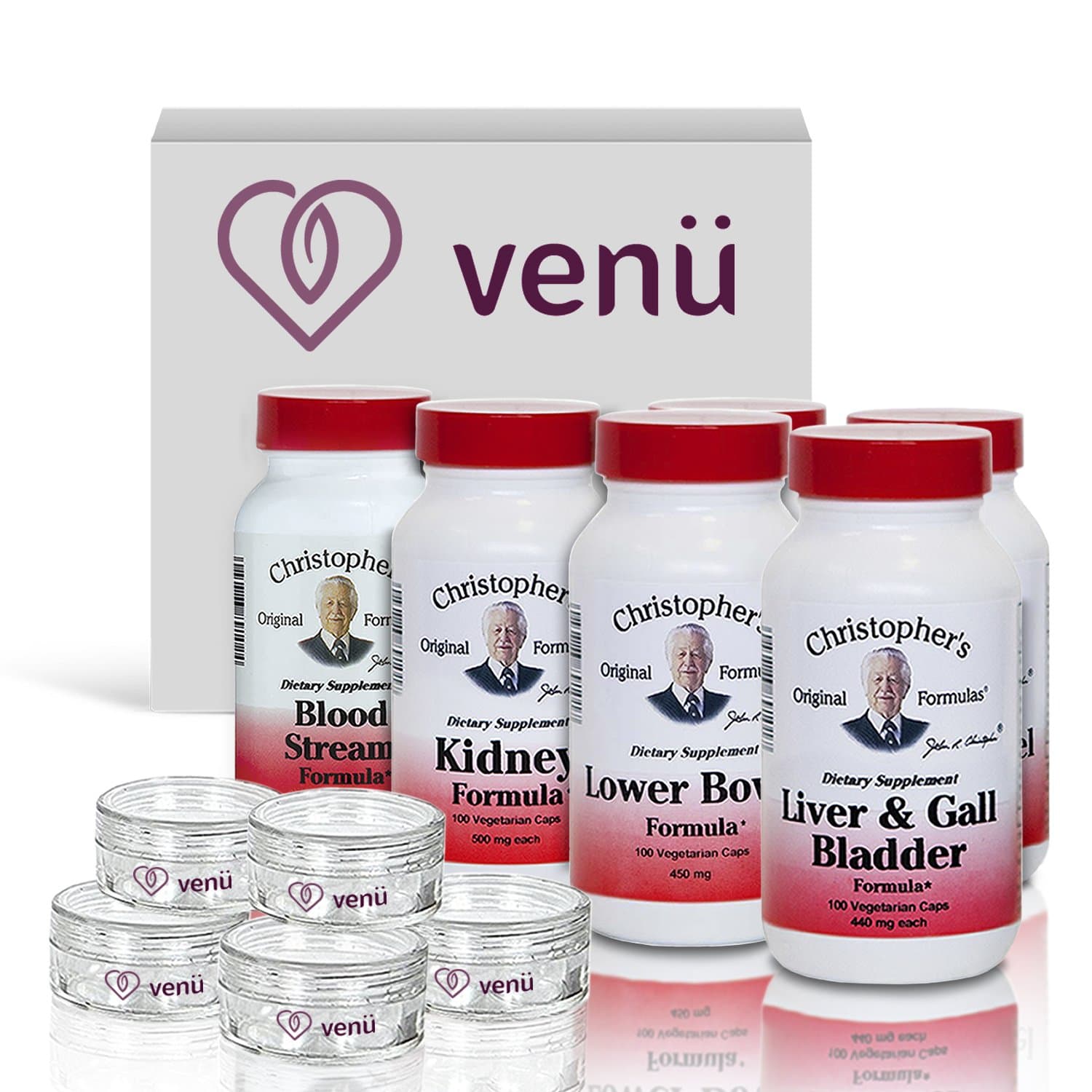 Dr. Christopher's Herbal Cleansing Kit 2 Lower Bowel, 2 Liver & Gallbladder, 1 Kidney & 1 Blood Stream 100 Capsules per bottle Cleanse and Detoxify 100% Pure Vegetable Based BONUS Venu Travel Pill Jar