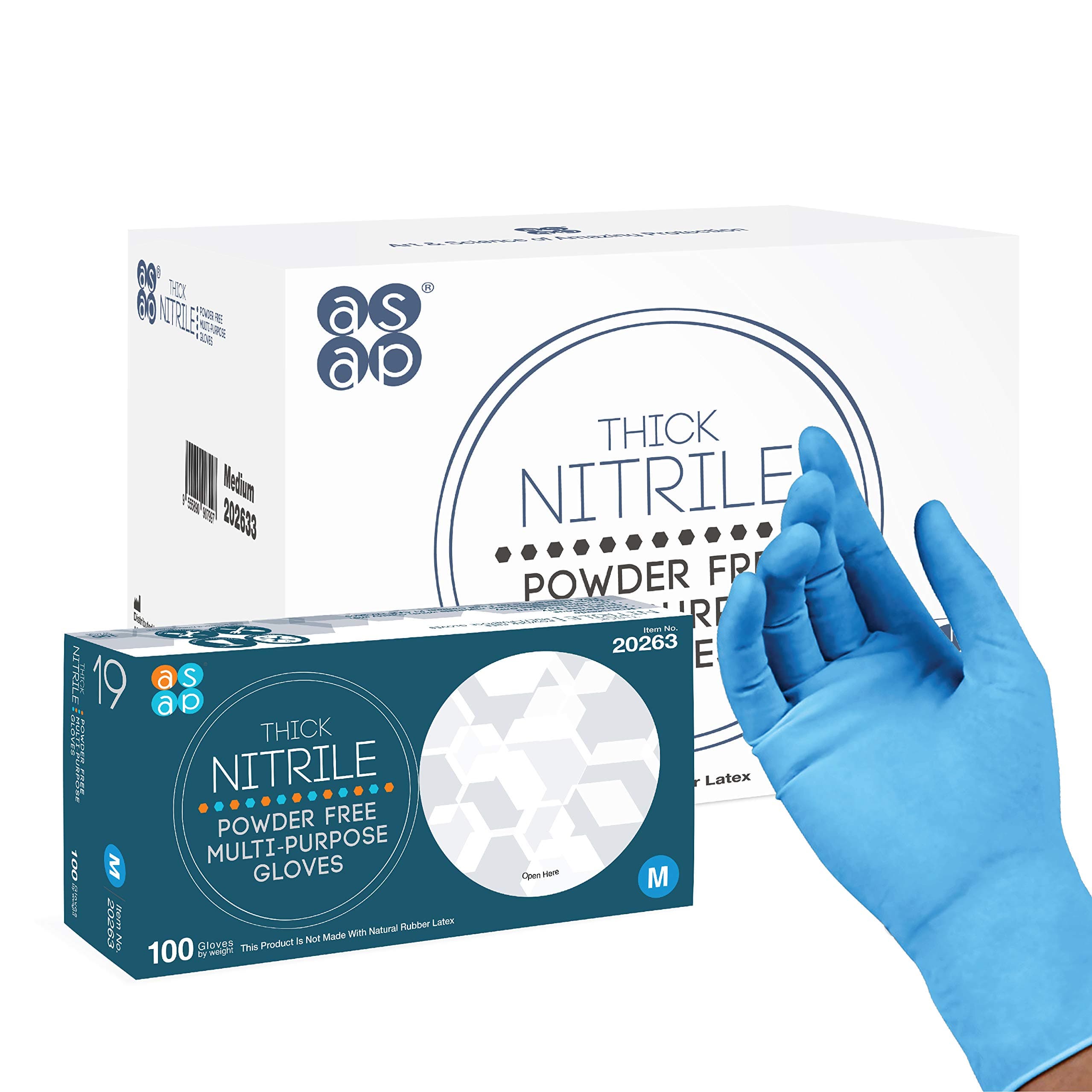 ASAP Thick Nitrile Powder Free Multi-purpose Gloves, Disposable, 3.0 mil, Blue
