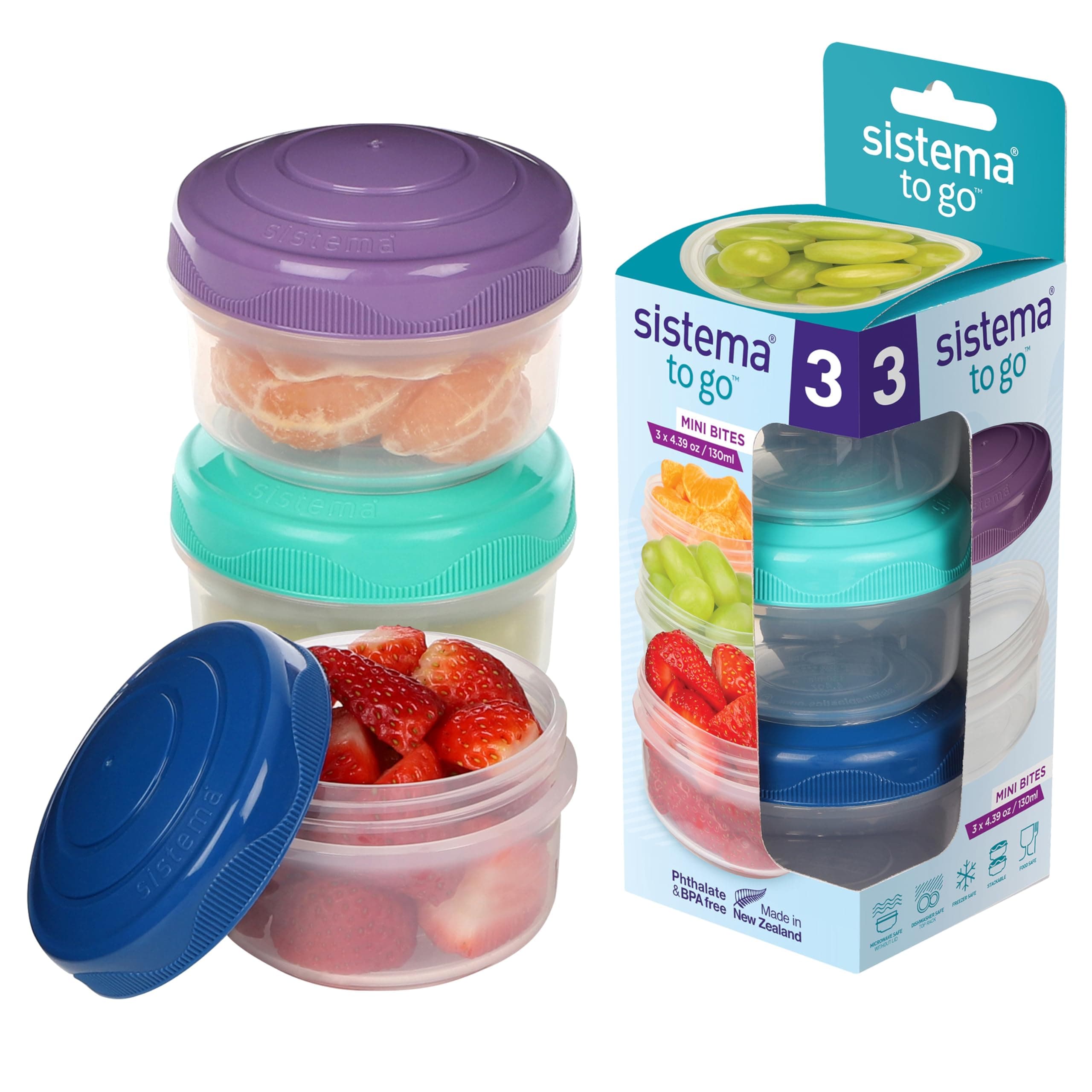 Sistema TO GO Mini Bites Snack Pots | 130 ml | Stackable Snack Boxes for Kids Travel | Food Containers with Lids | 3 Count