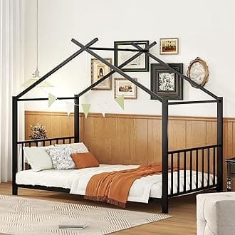 Twin Size Kids Montessori Floor Bed,House Bed Frame with High Headboard,Twin Floor Bed Frame with Roof for Boys Girls (Black)