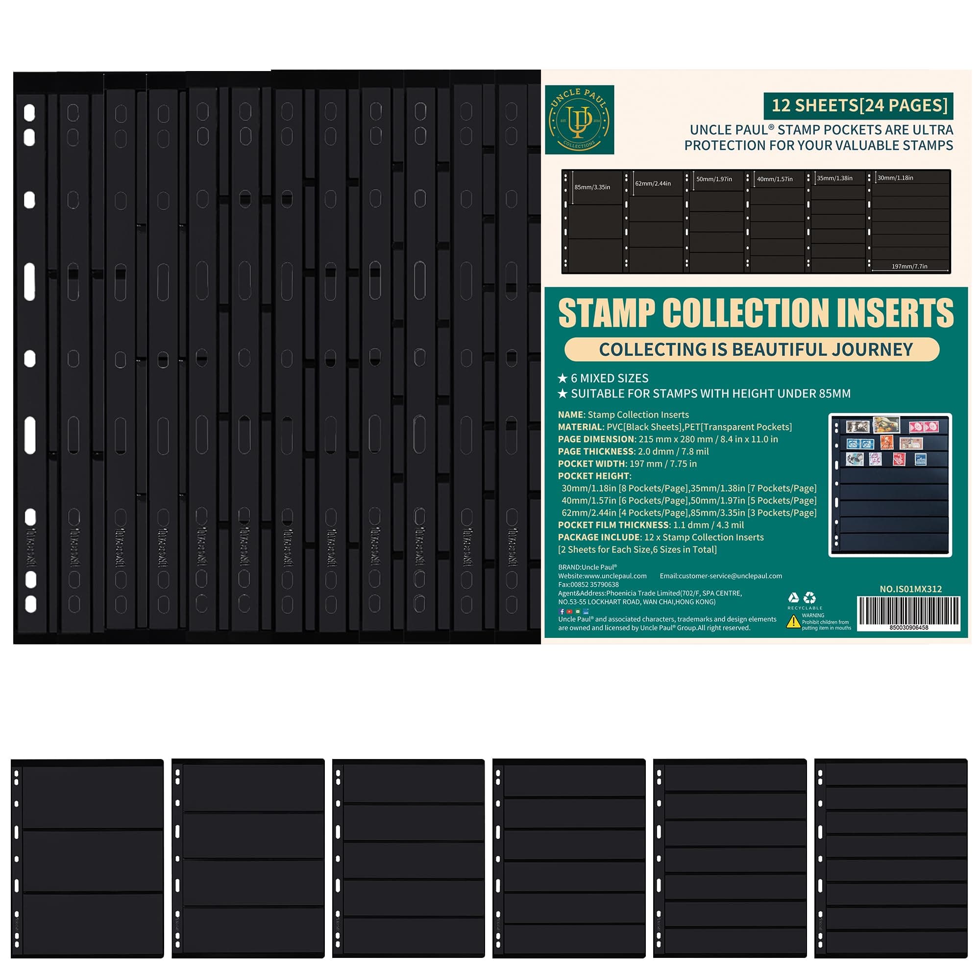 Postage Stamp Sleeves - 12 Sheets/24 Pages Stamp Collecting Inserts Double-sided 3/4/5/6/7/8 Rows for Stamp Collection Binder IS01MX312