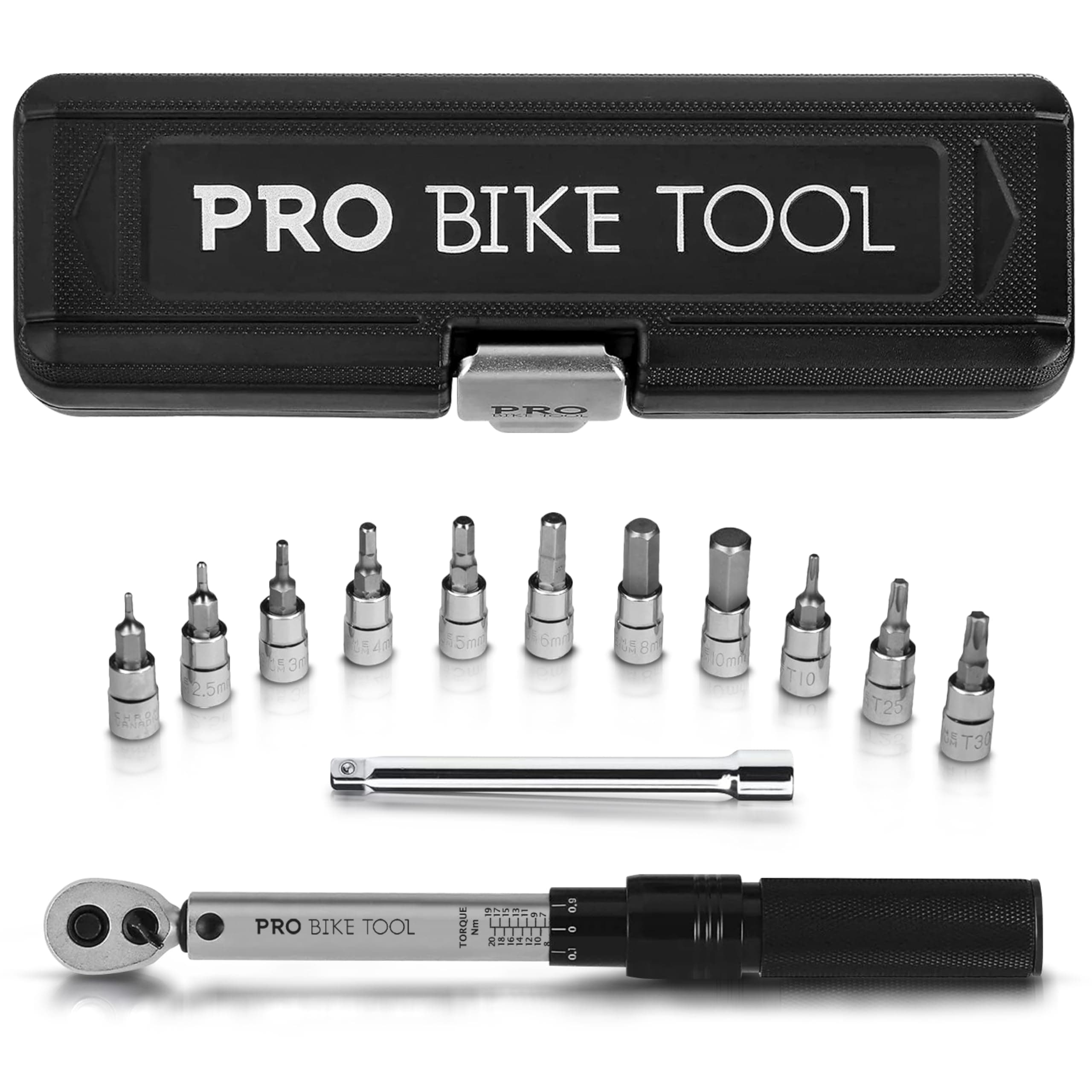 1/4 Inch Drive Click Bicycle Torque Wrench Set – 2 to 20 Nm – Maintenance Kit for Road and Mountain Bikes - Includes Allen and Torx Screws, Extension Bar and Storage Box - ISO Certified