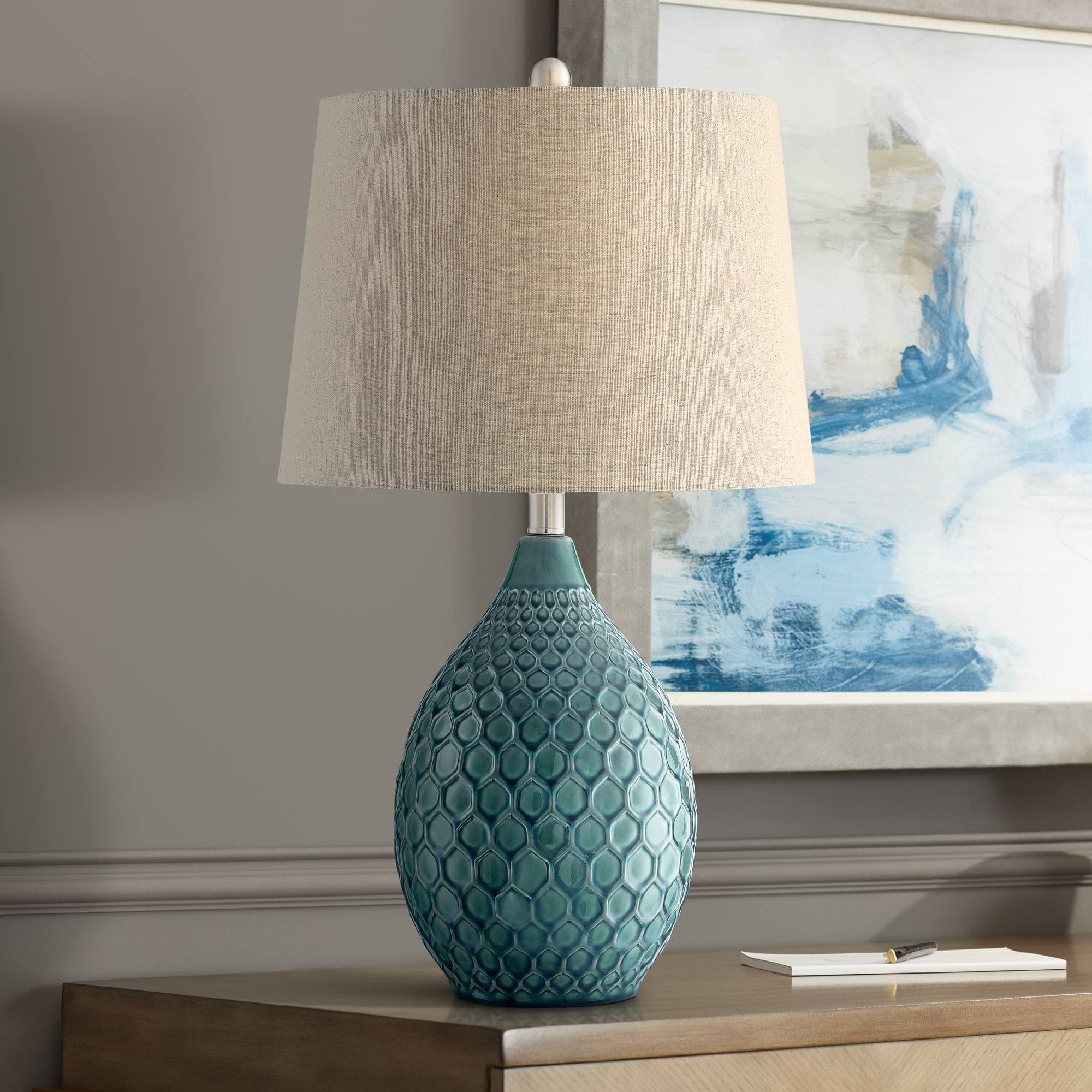 Kate Coastal Vase-Shaped Table Lamp 24.75" High Sea Foam Blue Green Ceramic Oatmeal Tapered Drum Shade for Cottage Core Living Room Bedroom Beach House Nightstand (Color May Vary)