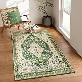 Lahome Felice Boho Tribal Area Rug - 3x5 Vintage Green Rug for Bedroom, Soft Non Slip Washable Entry Bathroom Mat Bohemian Indoor Accent Floor Chair Carpet for Entrance Coffee Table Foyer RV Hall