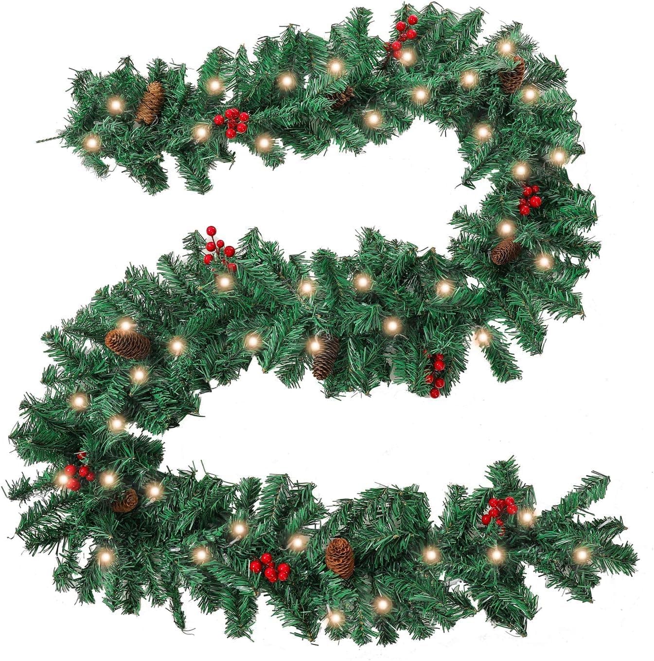 Pre-lit 9 ft Christmas Garland with Red Berries and Pine Cones, 50 Waterproof LED Lights