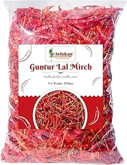 Avlokan Guntur Red Chilli Whole with Stem - 100% Natural, Hot & Spicy Dried Red Chilli | Guntur Sabut Lal Mirch Guntur Withstem Red Chilli, 250 grams