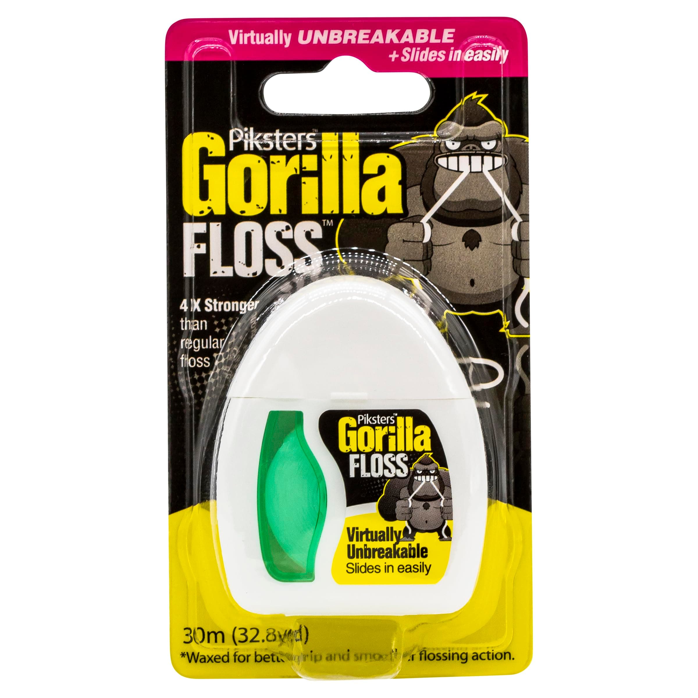 Gorilla Floss, 30m (32.8 Yds) Extra Strong Dental Floss, Plaque Remover for Teeth, Shred Resistant, Smooth Gliding, Waxed, Deep Cleaning Teeth Flosser, Oral Care for Adults & Kids