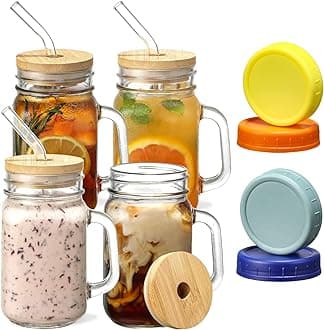 VITEVERMason Jars with Handle, Glass Mugs with Straws and Bamboo Lids & Colorful Airtight Lids 4pcs Set, 16oz Drinking Glass Cups, Travel Tumbler for Iced Coffee, Smoothie, Overnight Oats Containers