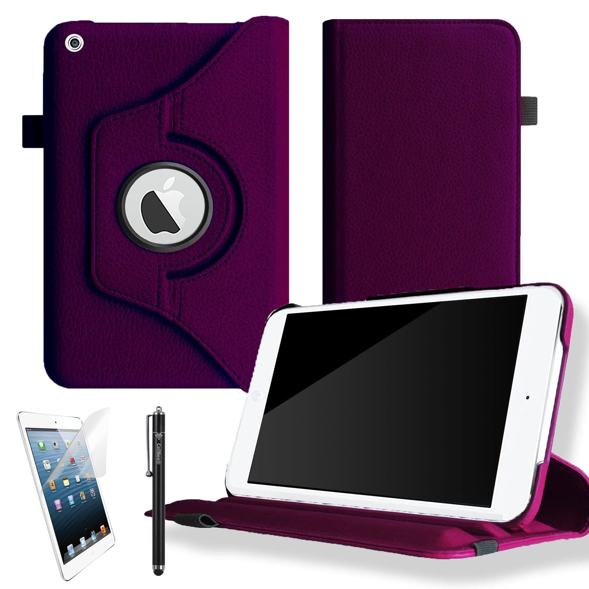 CellBee® Leather 360 Rotating Case Cover for Apple iPad 2/3 / 4 Generation Retina Tablet Auto Sleep/Wake Function with Free Screen Protector and Stylus (Purple)
