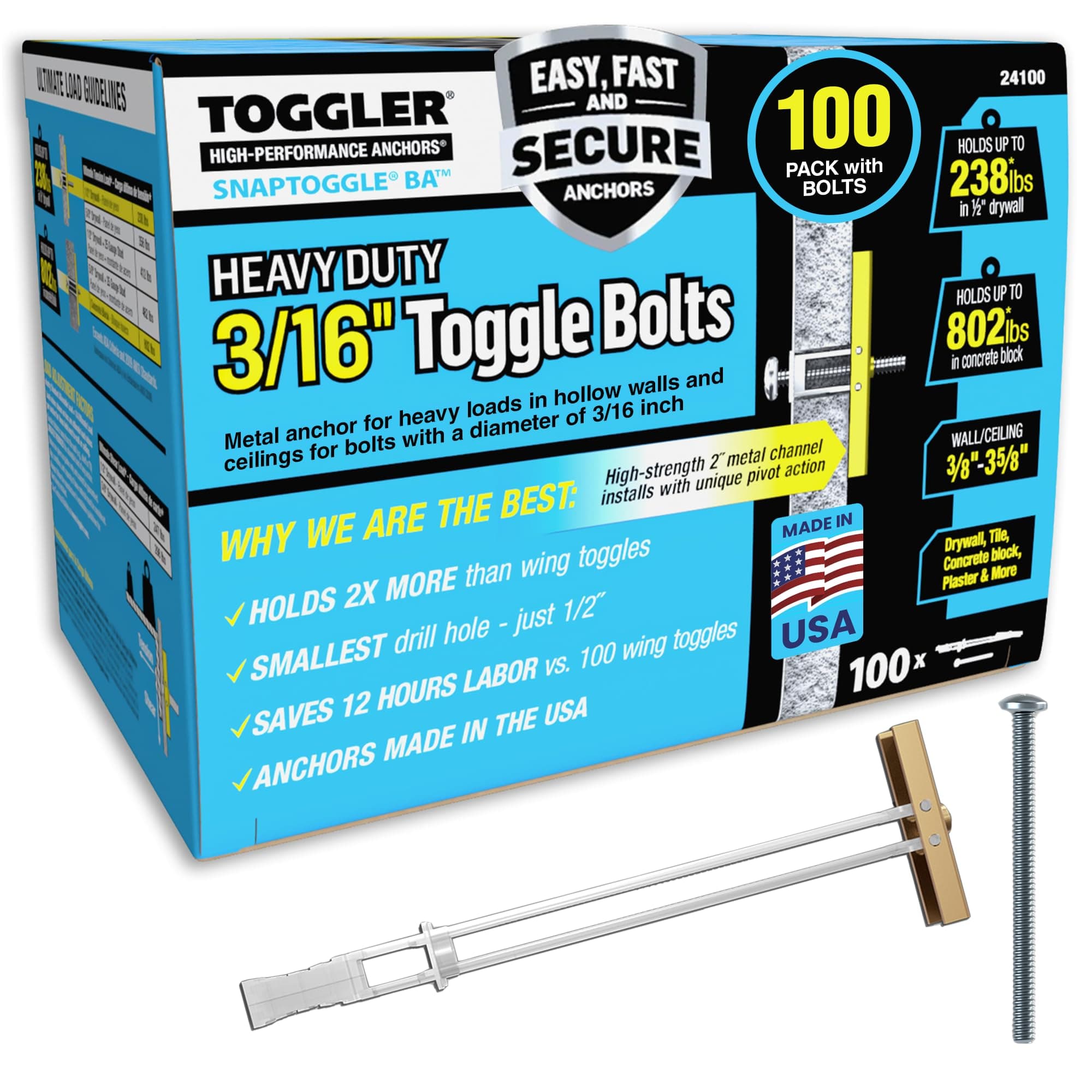 TOGGLER (BA) 3/16-24 SNAPTOGGLE Heavy Duty Bolt Zinc with 3/16-24 x 2 1/2 Combo Pan Machine Screws Zinc (100 Pcs)