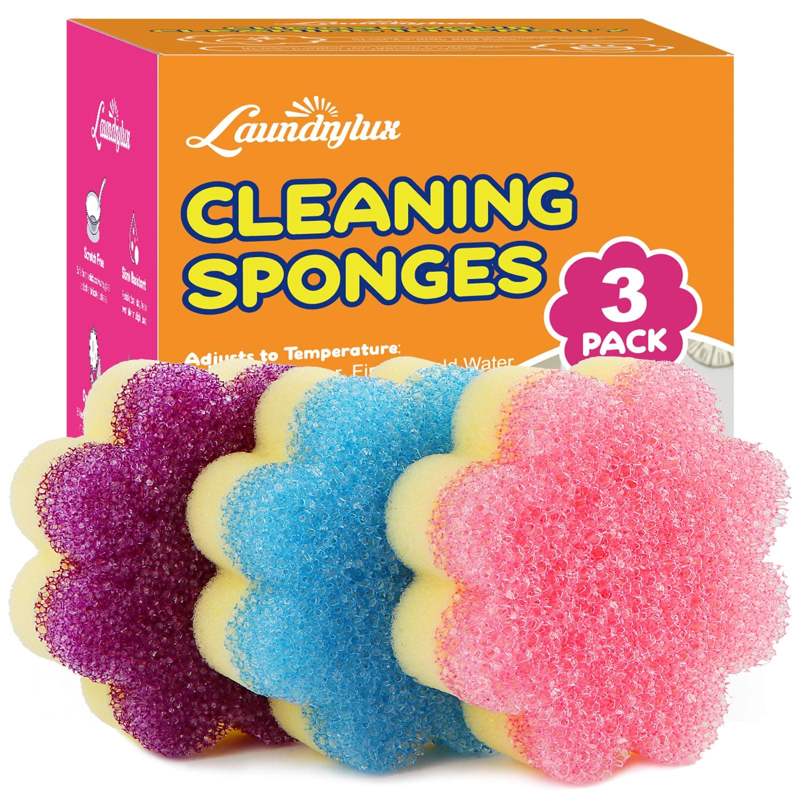 Scrub Sponge, Dual-Sided Temperature-Responsive Sponge and Scrubber - Non-Scratch - Multipurpose Dish Sponges for Kitchens, Bathrooms, and Outdoor Use - 3 Pack