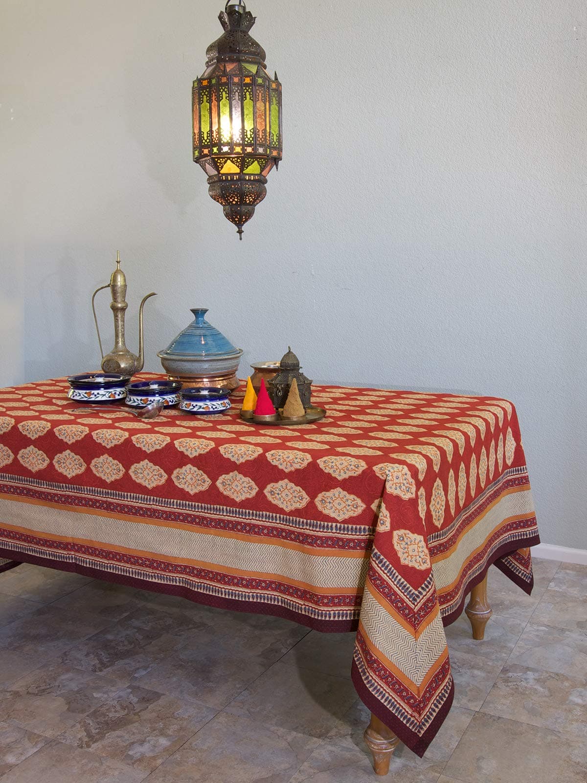 Saffron Marigold 70x90 Rectangle Spice Route Cotton Tablecloth | Red Orange Moroccan Indian Print Bohemian Table Cover
