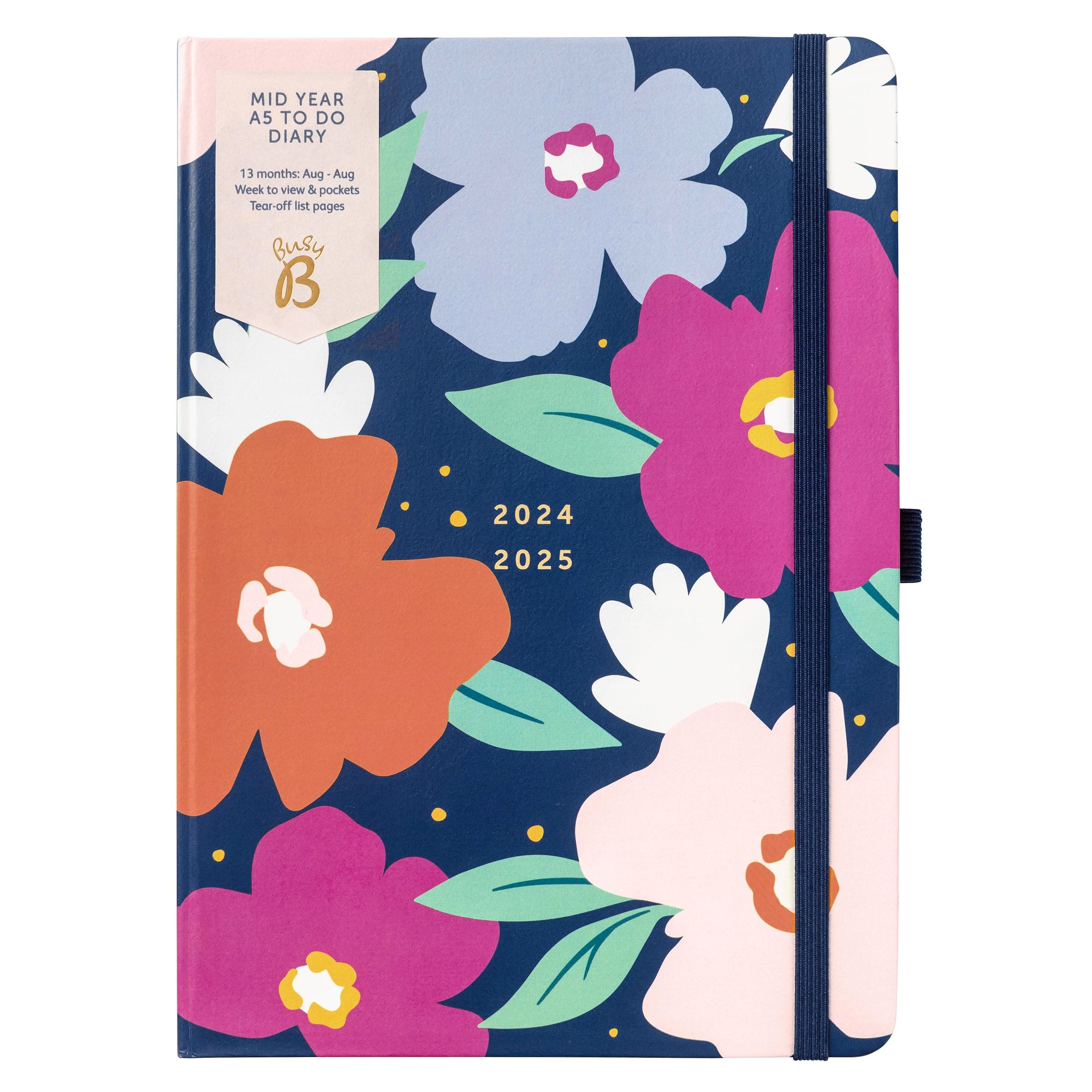 Busy B Mid Year A5 To Do Diary August 2024 - August 2025. Navy Floral A5 Week to View Diary with Notes, Tear-Out Lists & Pockets