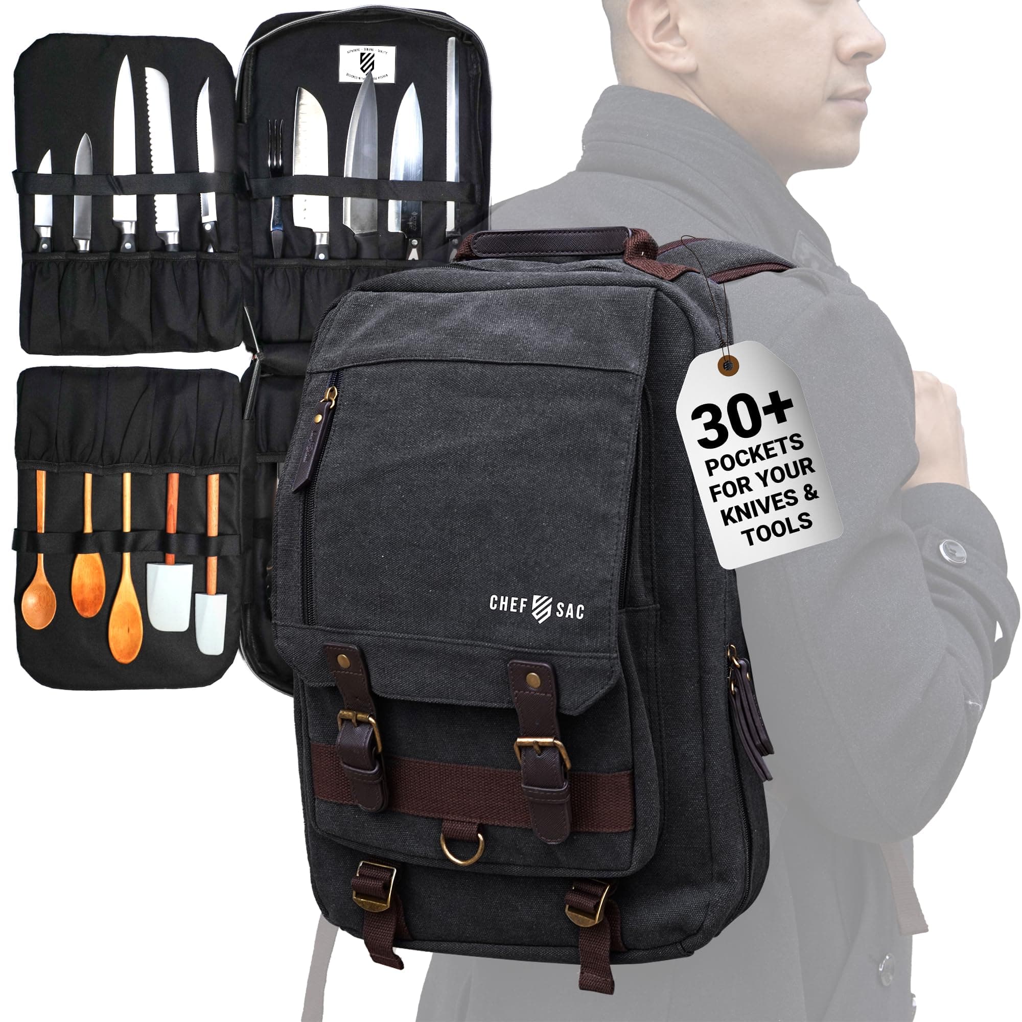 Chef Knife Backpack RETRO - Waxed Canvas Knife Bag for Chefs, Patented Knife Retention Panels and Hook-and-Loop System, 30+ Pockets, Fits 10in Blades (17in Overall), YKK Zippers