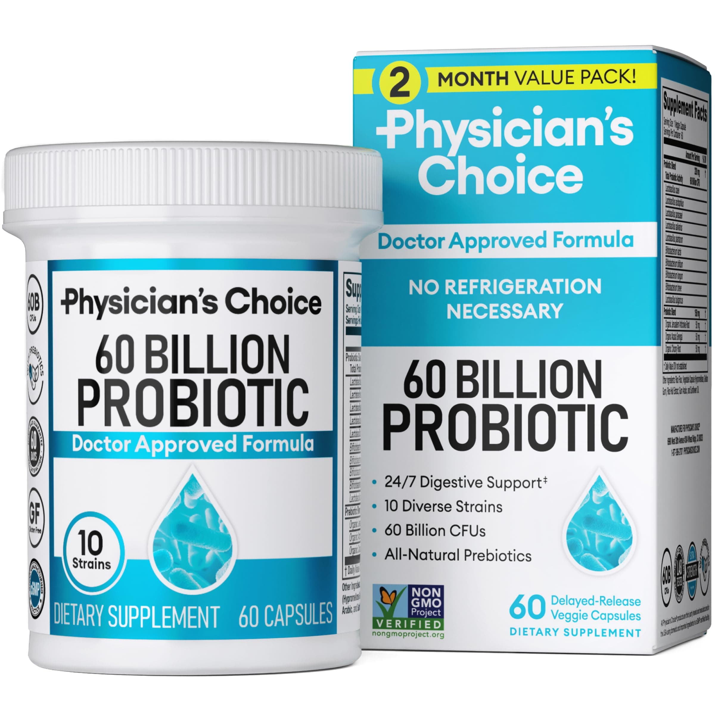Physician's CHOICE Probiotics 60 Billion CFU - 10 Unique Strains + Organic Prebiotic, Crafted for Overall Digestive Health, Gut Health, Occasional Constipation, Gas & Bloating - 2 Month Supply
