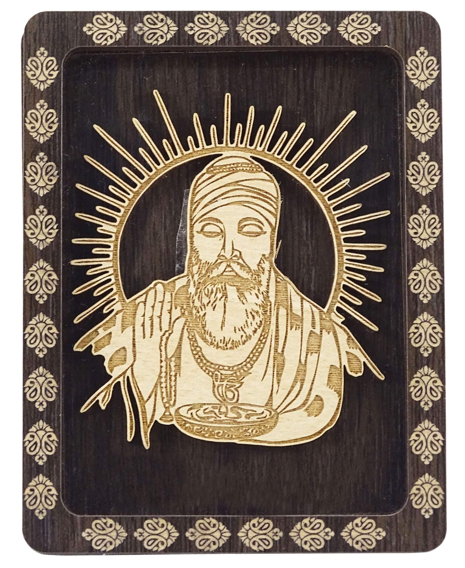 Decorative Shree Guru Nanak Dev JI Double Sided Tape Wooden Frame Car Dashboard