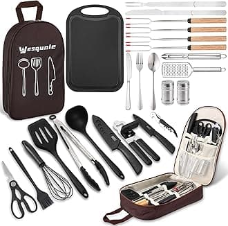 Camping Cooking Essentials Utensils Set - Camp Cookware Kitchen Accessories Kit, Camper Gear Must Haves, Stainless Steel & Silicone, RV Car Portable Outdoor Equipment Tool