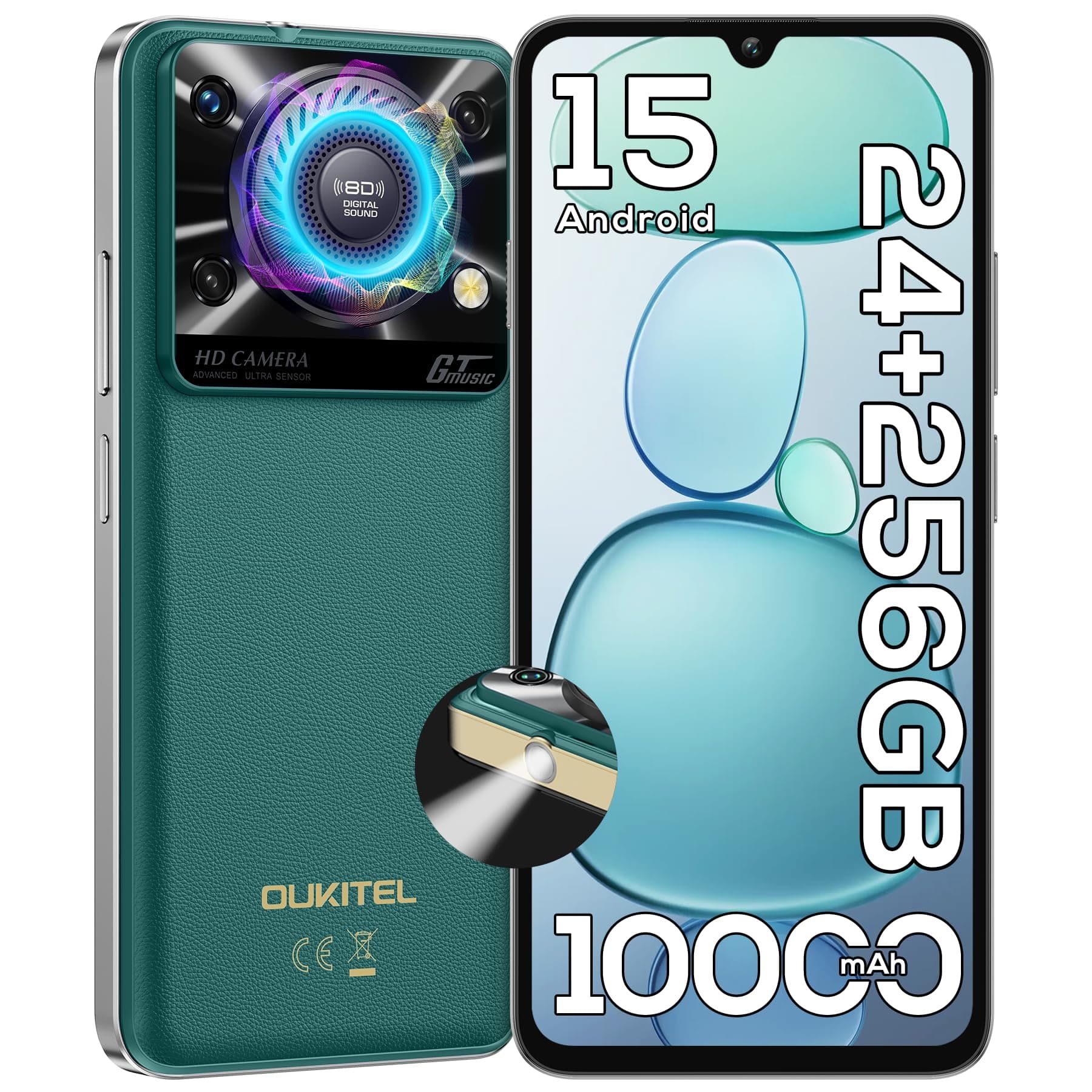 C60 PRO Android 15 Cell Phone Unlocked 2025-24GB+256GB/TF 1TB, 10000mAh Battery, 6.88'' Display Smartphone,110dB Speaker,120LM Flashlight, 13MP Camera, 4G Dual SIM Phones, GPS/NFC/OTG,Green