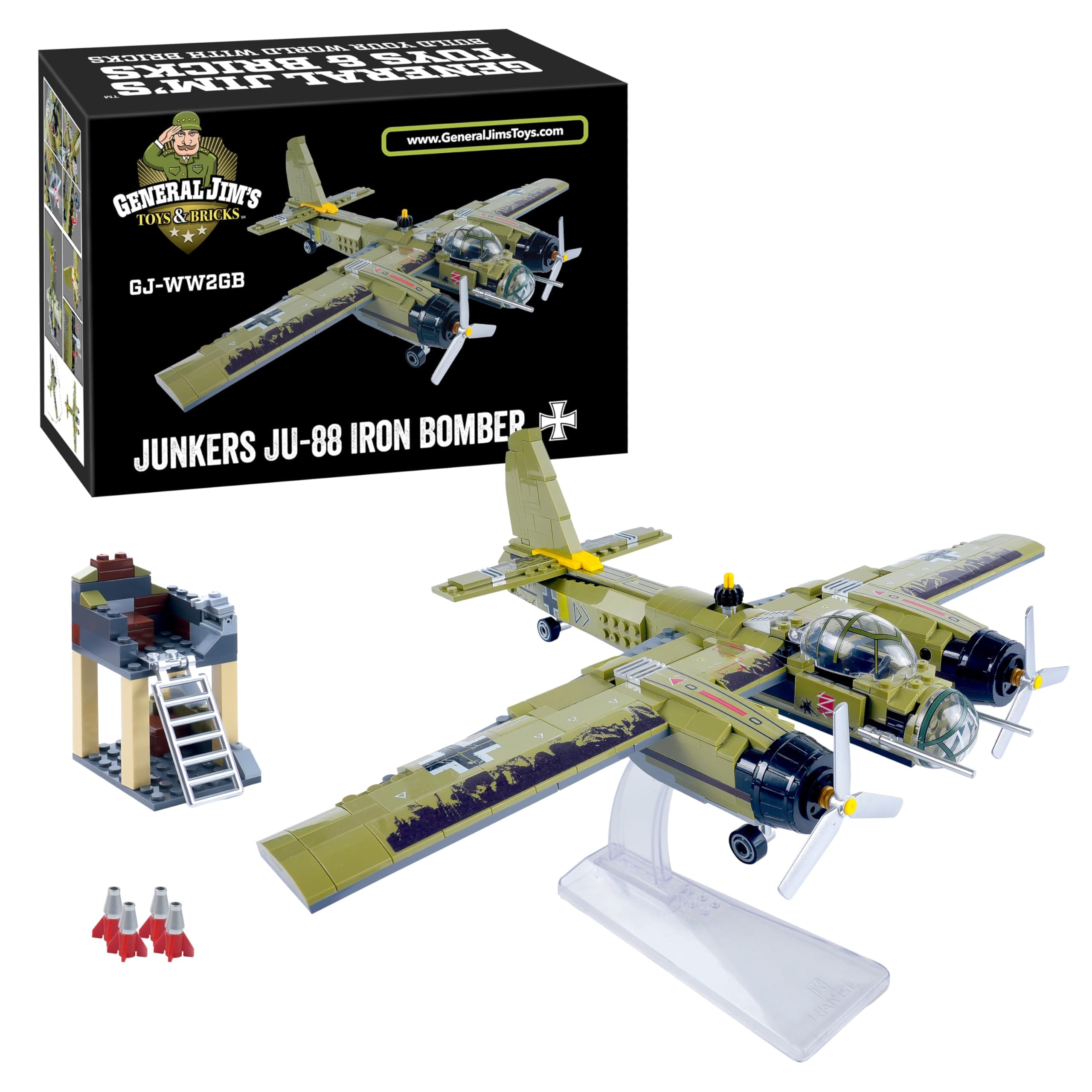 - WWII Iron Empire JU-88 Bomber Plane Building Blocks Set, 559 Pieces German Twin-Engine Aircraft Model w/Display Stand, Detailed WWII Airplane Compatible w/Major Brick Brands | GJ-WW2GB