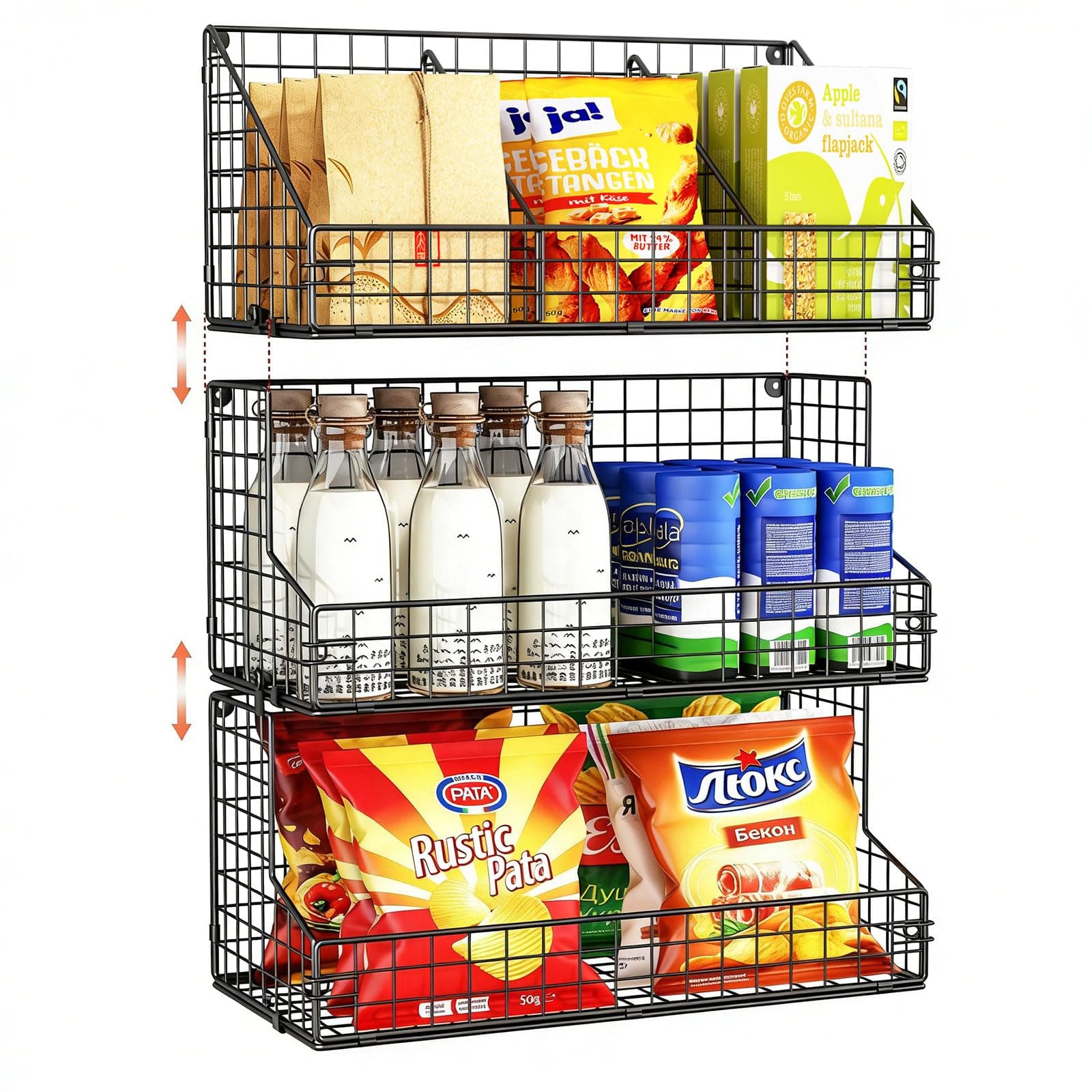 X-cosrack 3 Tier Stackable Snack Organizers with Divinder Metal Wire Basket Snack Rack Holder Countertop Candy Display Wall Mount for Office Cabinet Pantry