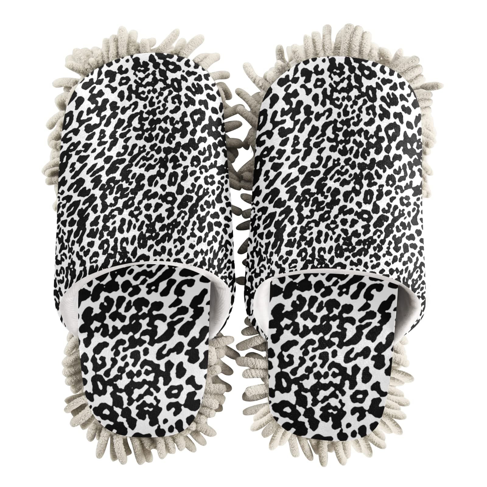 xigua Microfiber Cleaning Slippers Black & White Leopard Washable Mop Shoes Slipper for Men/Women House Floor Dust Cleaner, Size L