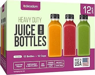 DECADORN 8oz 12pcs Plastic Bottles With Caps - Juicing Bottles For Juicing - MADE IN USA Clear Mini Bottle With Lids - Drink Container - Shatterproof, BPA-Free, Leak proof, Disposable & Recyclable
