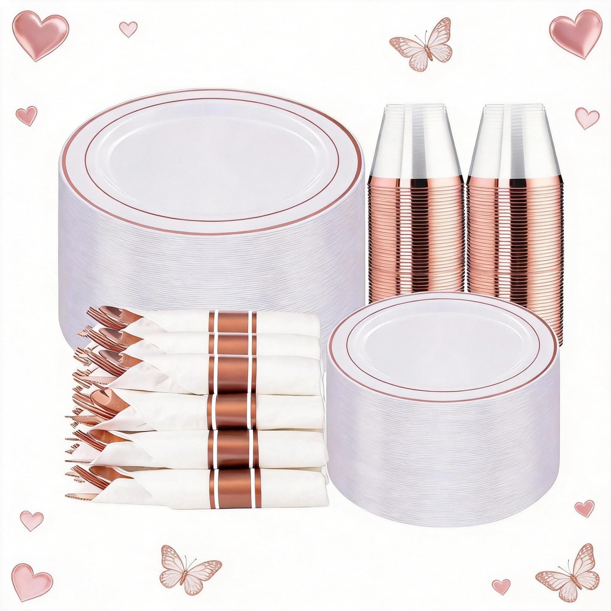 WELLIFE 350Pcs Rose Gold Plastic Plates for 50 Guests - Plastic Dinnerware Set,Party Supplies Includes 100 Rose Gold plates,150 Silverware,50 Napkins,50 Cups for Valentines and Galentines