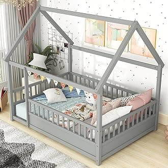 Bellemave Kids Montessori Bed Full Size, Full Floor Bed with High Fence, House Bed for Kids, Girls, Boys, Wood Montessori Floor Bed Without Slats(Gray Full)