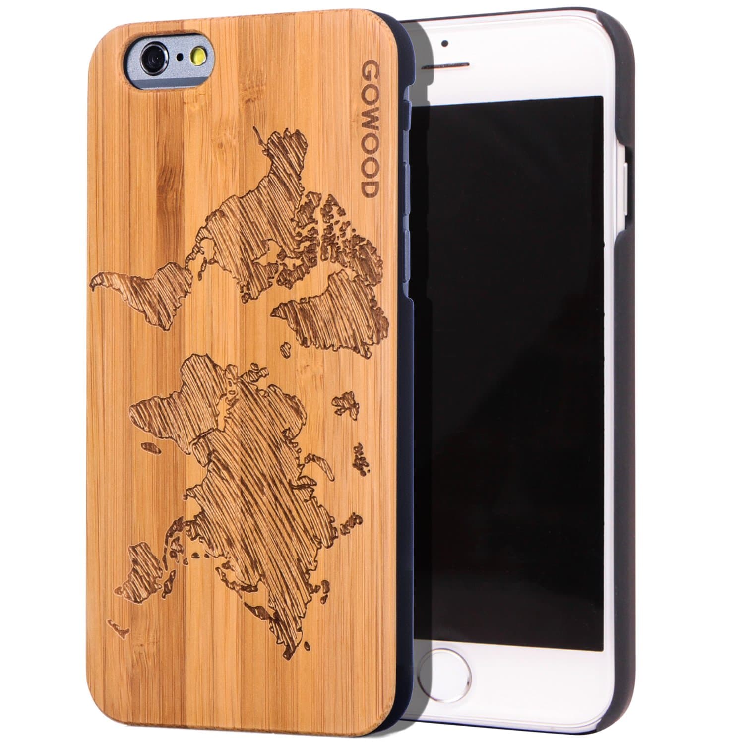 GOWOOD Wood Case for iPhone 6 / 6S | Real Natural Bamboo Wooden Backplate with Unique World Map Design and Shock Absorbing Polycarbonate Protective Bumper