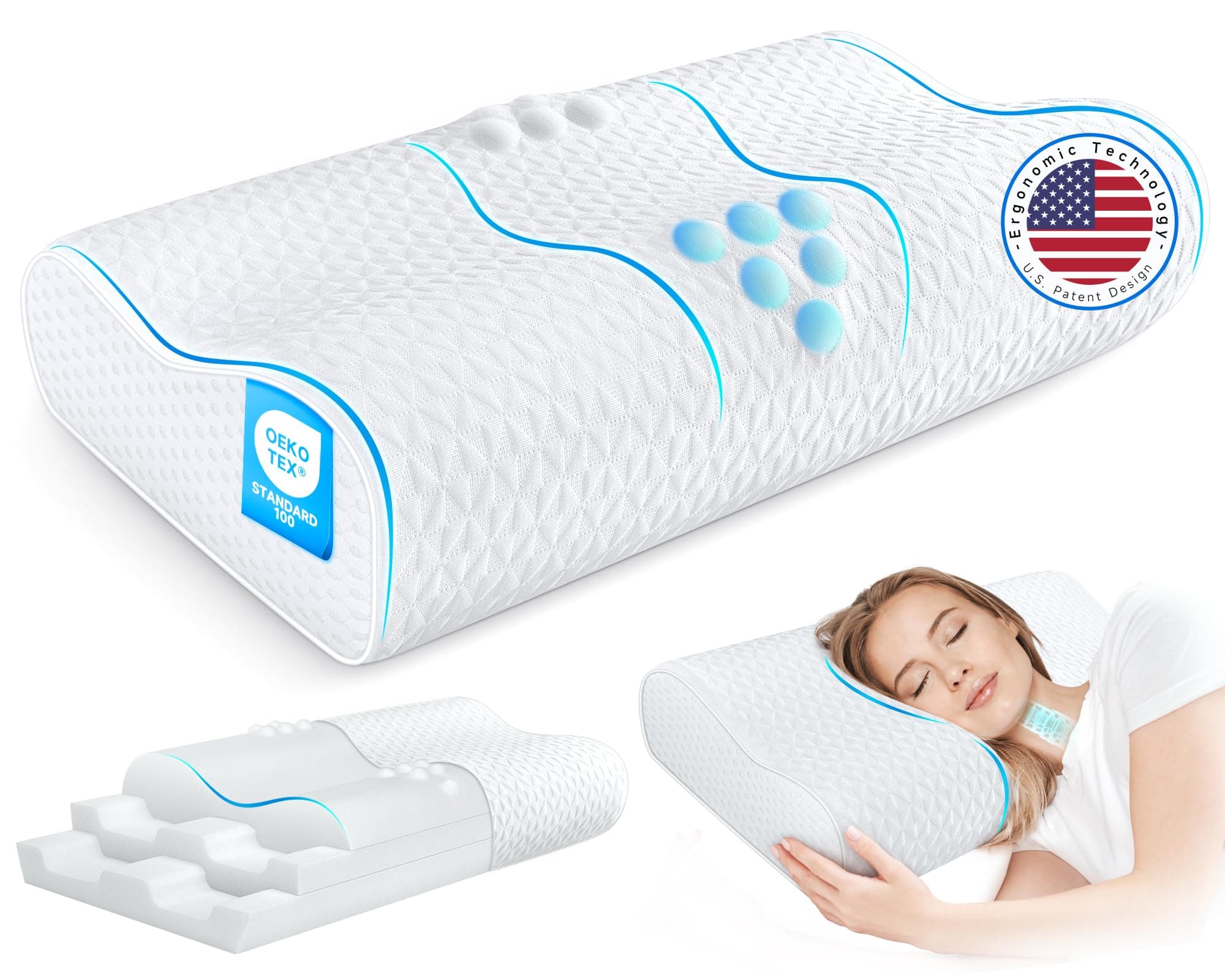 Sandwich Cervical Neck Pillow Queen Size - Dynamic Memory Foam Pillow for Neck Shoulder Pain Relief, Ergonomic Adjustable Bed Contour Pillow for Side, Back & Stomach Sleepers CertiPUR-US