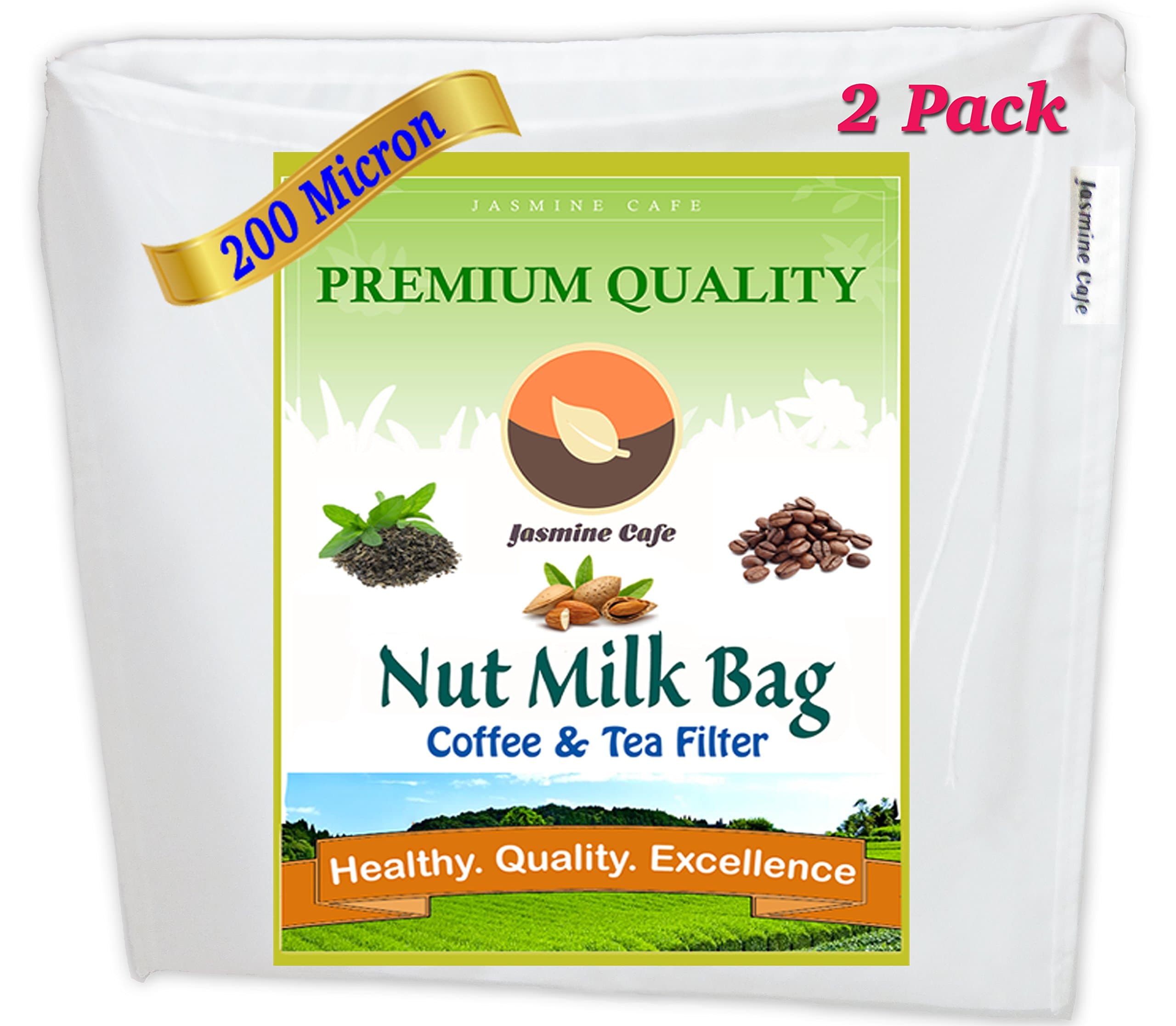 Jasmine Cafe 2 Pack [13"x13"] 200 Micron - Commercial Grade Nut Milk Bag & All Purpose Food Strainer – Fine Mesh Cold Brew Coffee & Tea Filter – Reusable, Safe & Eco-Friendly