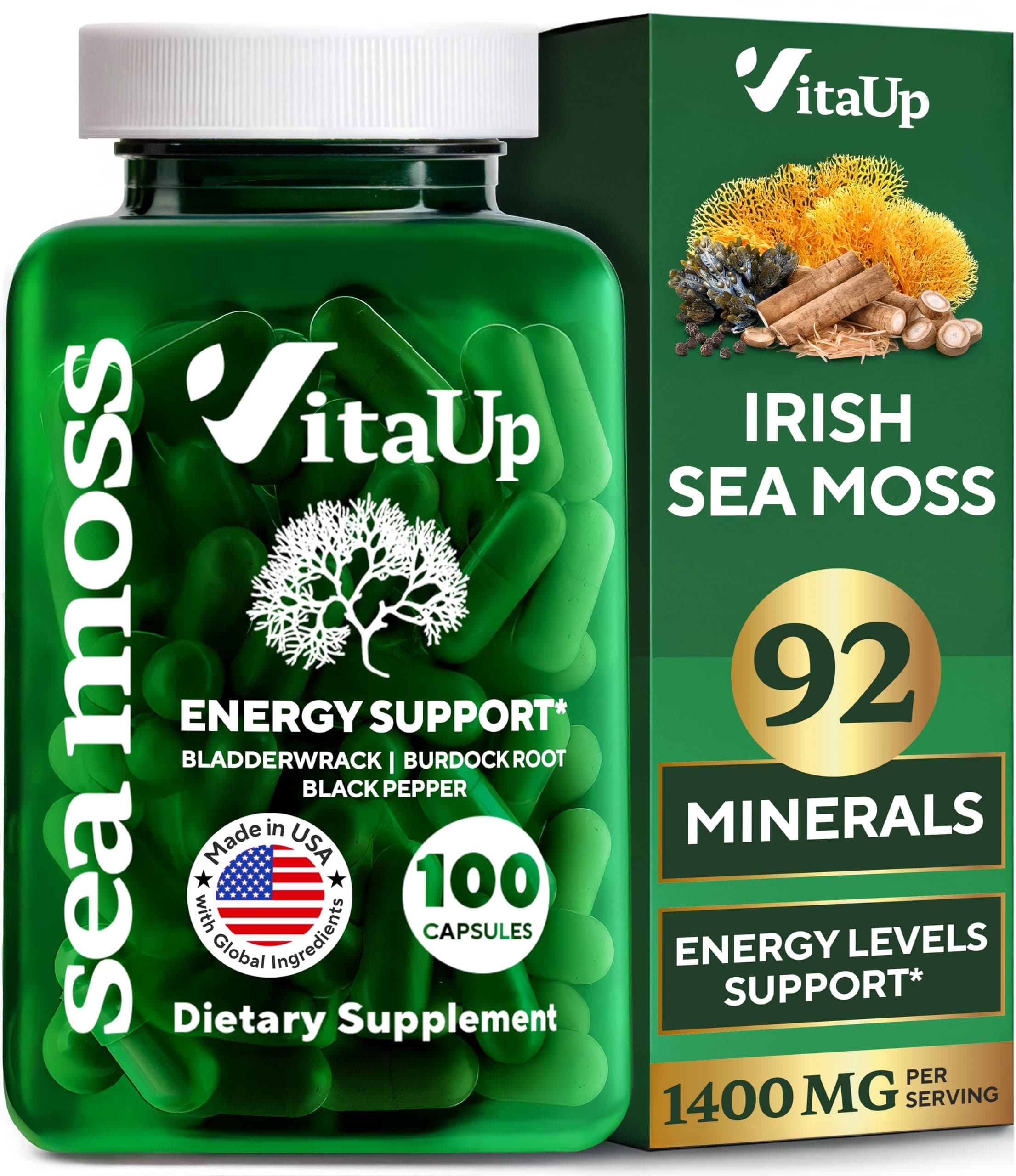 Wildcrafted Irish Sea Moss Capsules with Burdock Root & Bladderwrack - USA Made Sea Moss Advanced for Hair, Skin, Immune & Energy Levels Support - SeaMoss Pills - 100 Vegan Capsules