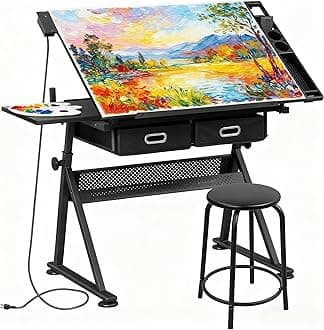 ZENY Adjustable Drafting Table with Stool, Tilting Drawing Desk Artist Table with Storage Drawers, Art Craft Workstation for Home Office Reading, Writing, Crafting (Black-with Outlet)