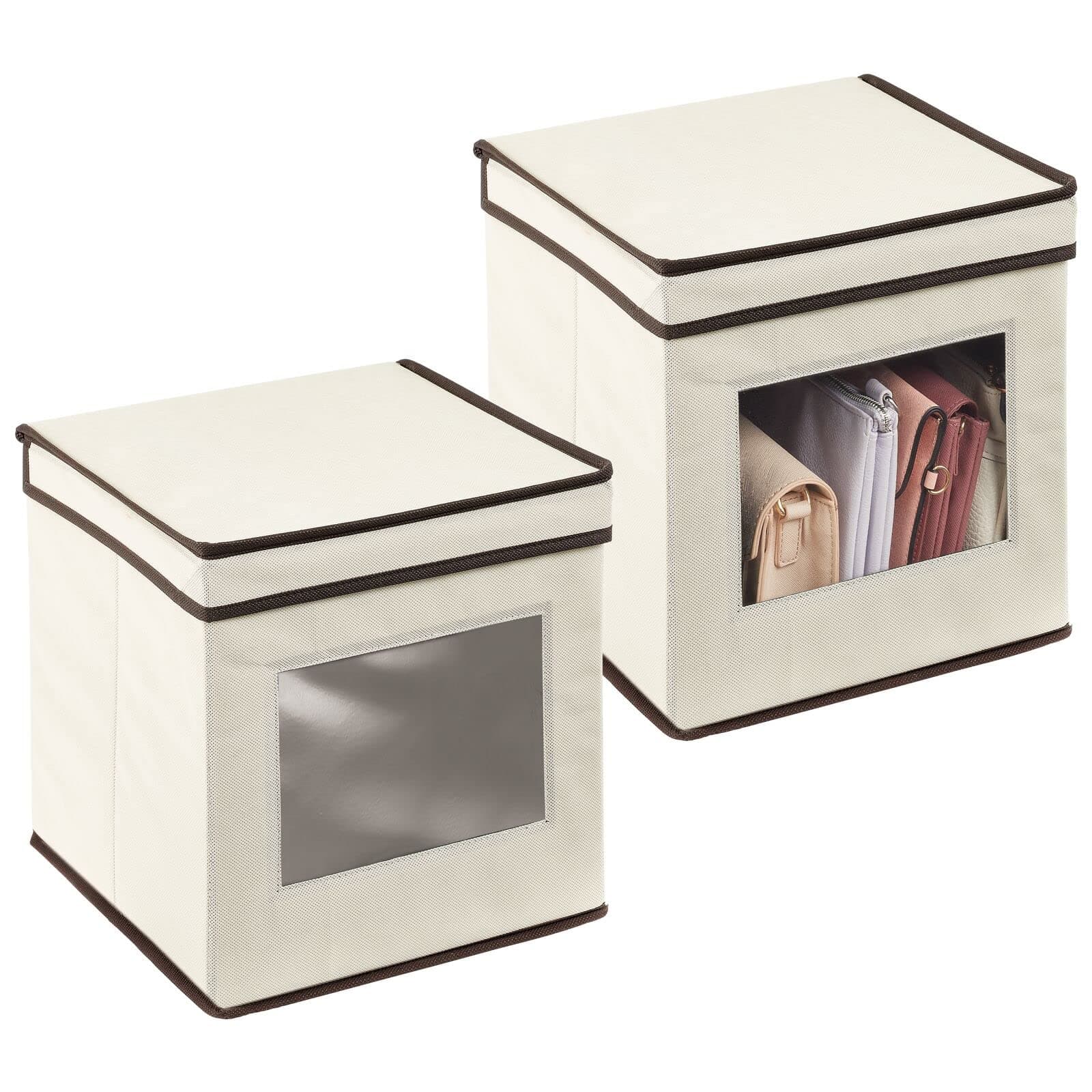 mDesignFabric Stackable Square Cube Storage Organizer Box with Window/Attached Lid for Organizing Bedroom Closet - Holds Purses, Linens, Accessories - Jane Collection - 2 Pack, Cream/Espresso Brown