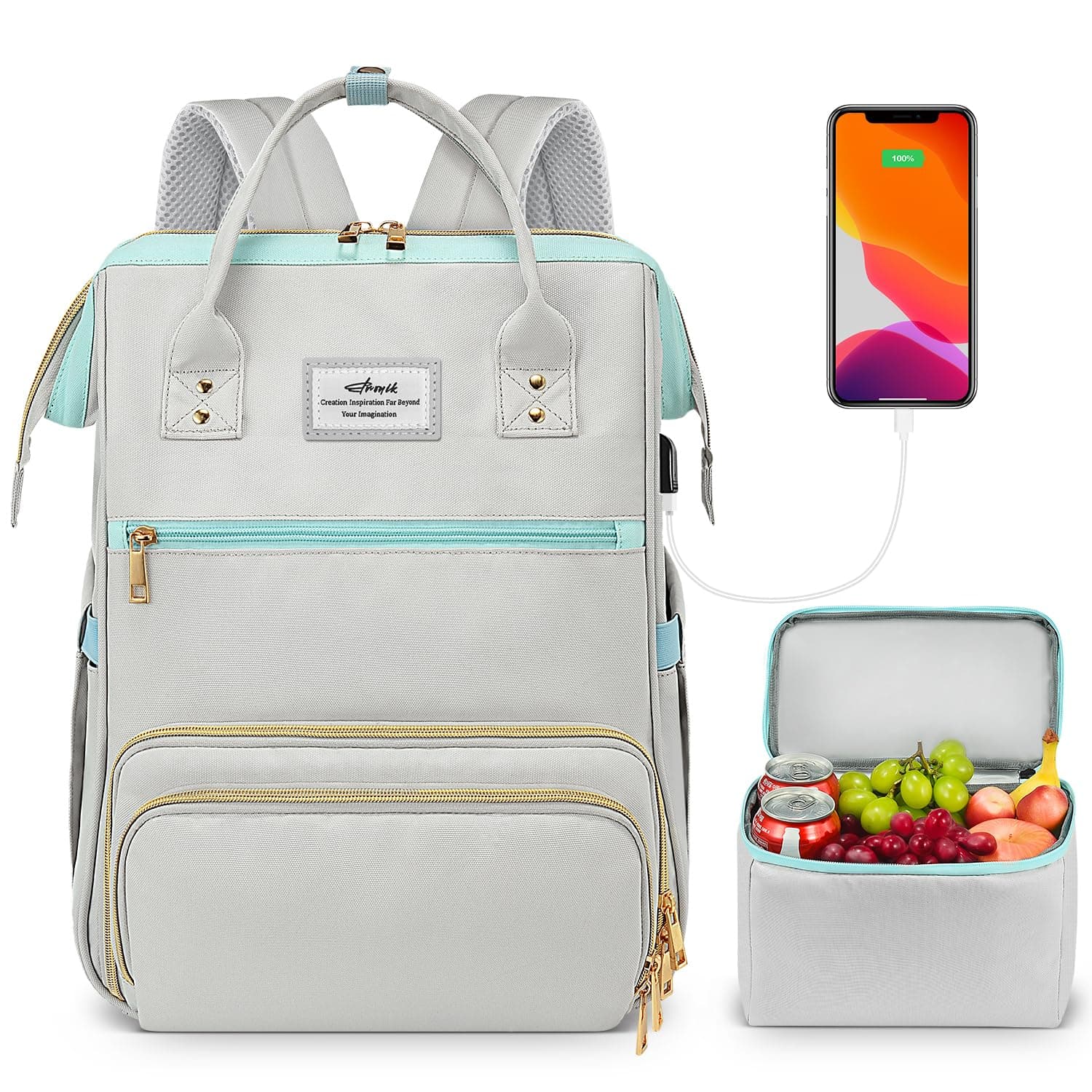 ETRONIK Lunch Backpack, 15.6 Inch Laptop Backpack with USB Port, Stylish Nurse, Teacher Work Bag with Insulated Cooler Lunch Box for Women Men, College Backpack for Travel, Grey Blue | with USB Port, Stylish, Nurse, Teacher, Work Bag