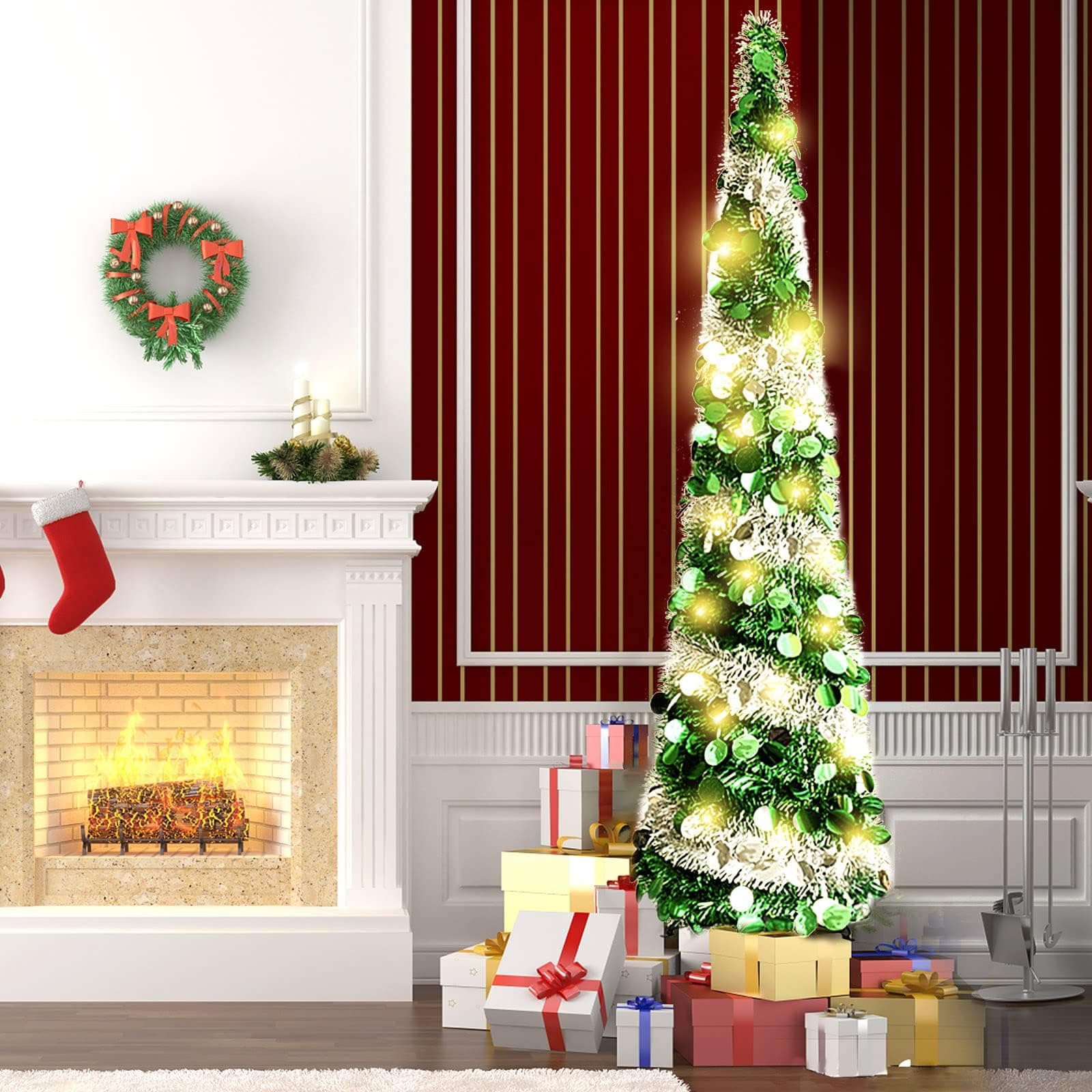 AquaFalcon Pop Up Christmas Tree, 5 FT Artificial Christmas Trees Collapsible Snowflake Sequin Pencil Christmas Tree with Stand Pop Up Artificial Tree for Holiday Christmas Home Office