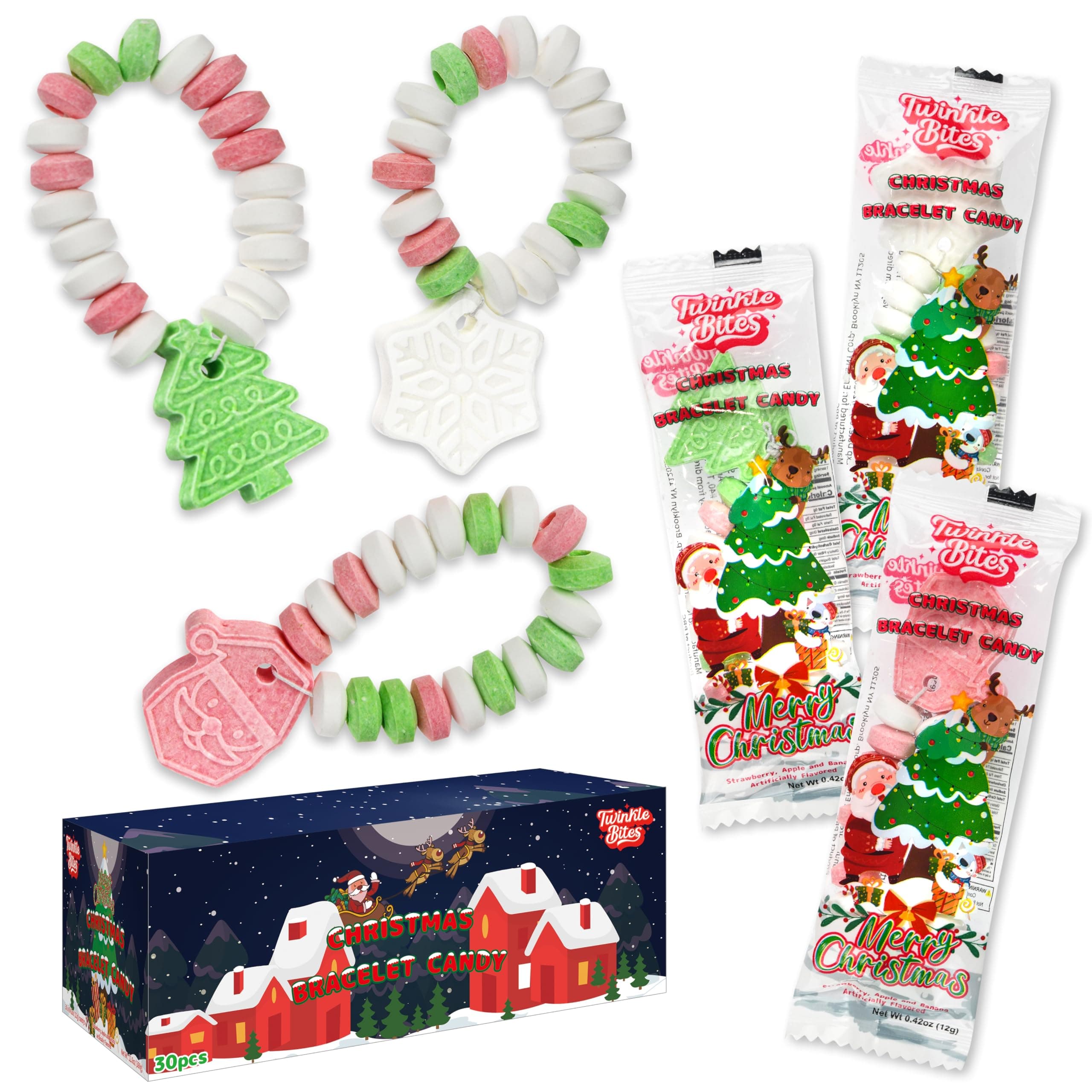 30 Pack Christmas Candy Bracelets - Individually Wrapped Holiday Themed Designs & Delicious Flavor -Bulk Christmas Candy Use For Stocking Stuffers, Party Favor, Classroom & Office Treats
